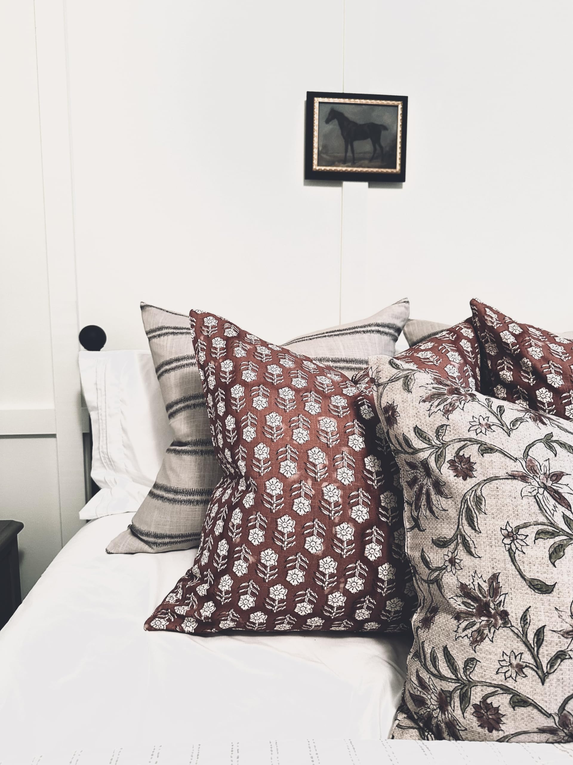 Pillow Cover 100% Linen 20 x 20 inches Double Sided Block Print with Zipper for Easy Removal Home Decor Shabby Chic Farmhouse Neutral Decorative Sofa Couch Accent (Plaid White Grey)