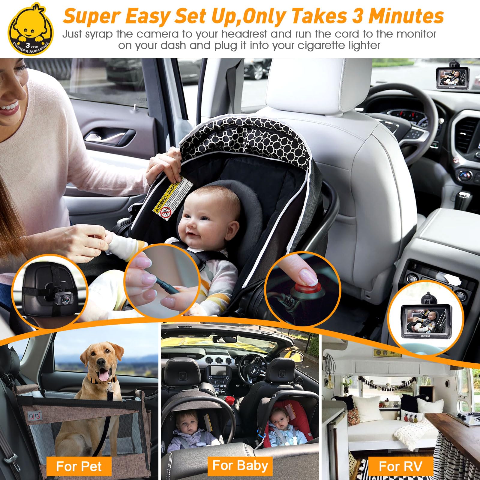 DoHonest Baby Car Camera 7-Inch: USB Plug and Play Easy Setup 360 Degree Rotating Backseat Camera Two Kids HD 1080P Rear Facing Car Seat Camera Clear Night Vision -V9 Black