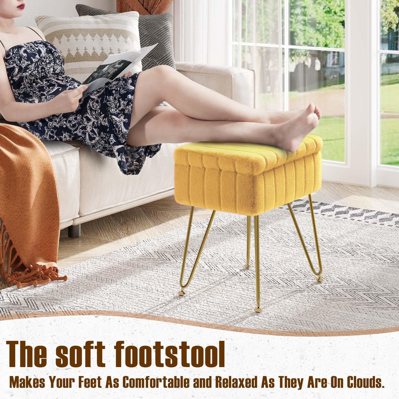 Greenstell Vanity Stool Chair Faux Fur with Storage, 19.4" H x 15.7" L x 11.8" W Soft Ottoman 4 Metal Legs with Anti-Slip Feet, Furry Padded Seat, Modern Multifunctional Chairs for Makeup, Bedroom