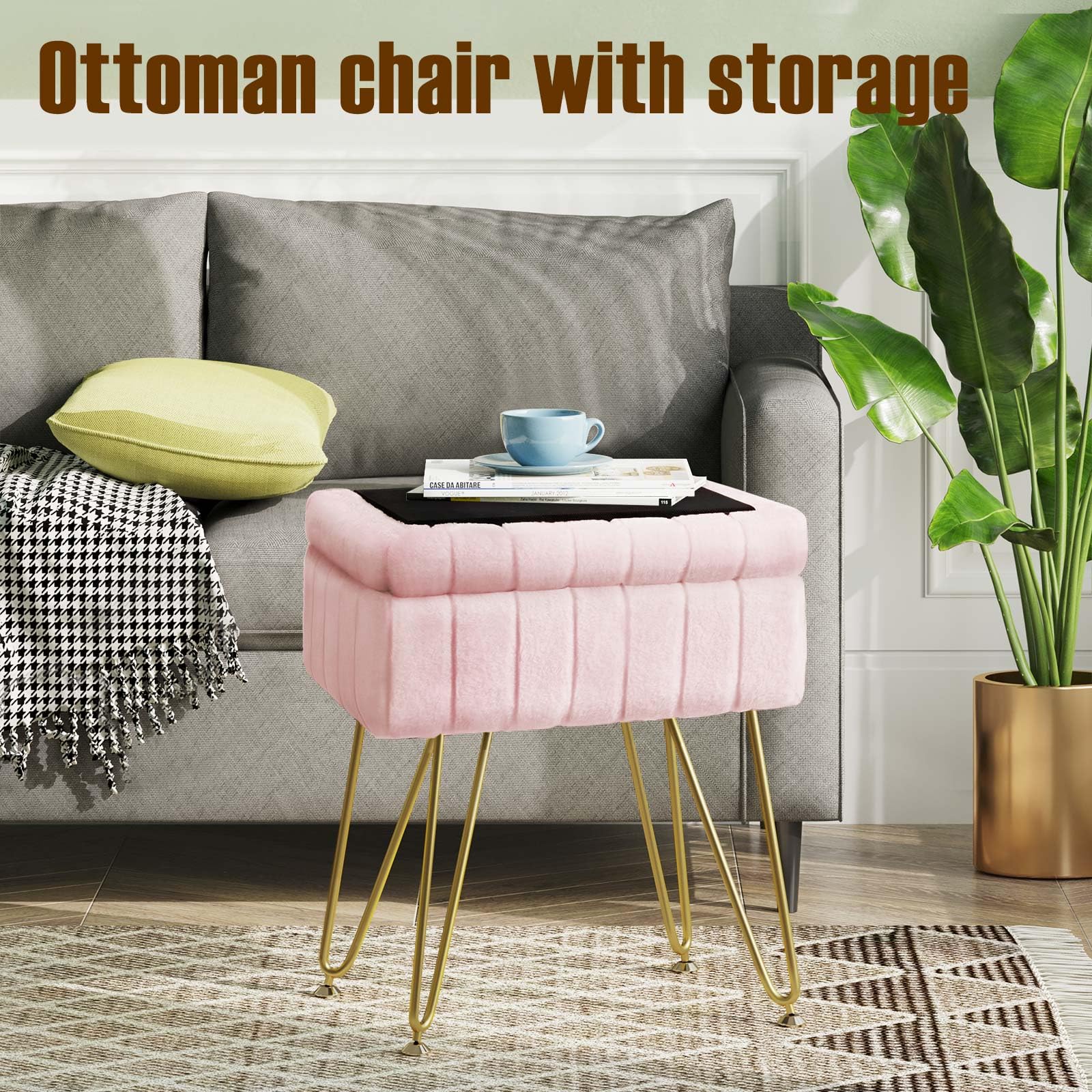 Greenstell Vanity Stool Chair Faux Fur with Storage, 19.4" H x 15.7" L x 11.8" W Soft Ottoman 4 Metal Legs with Anti-Slip Feet, Furry Padded Seat, Modern Multifunctional Chairs for Makeup, Bedroom