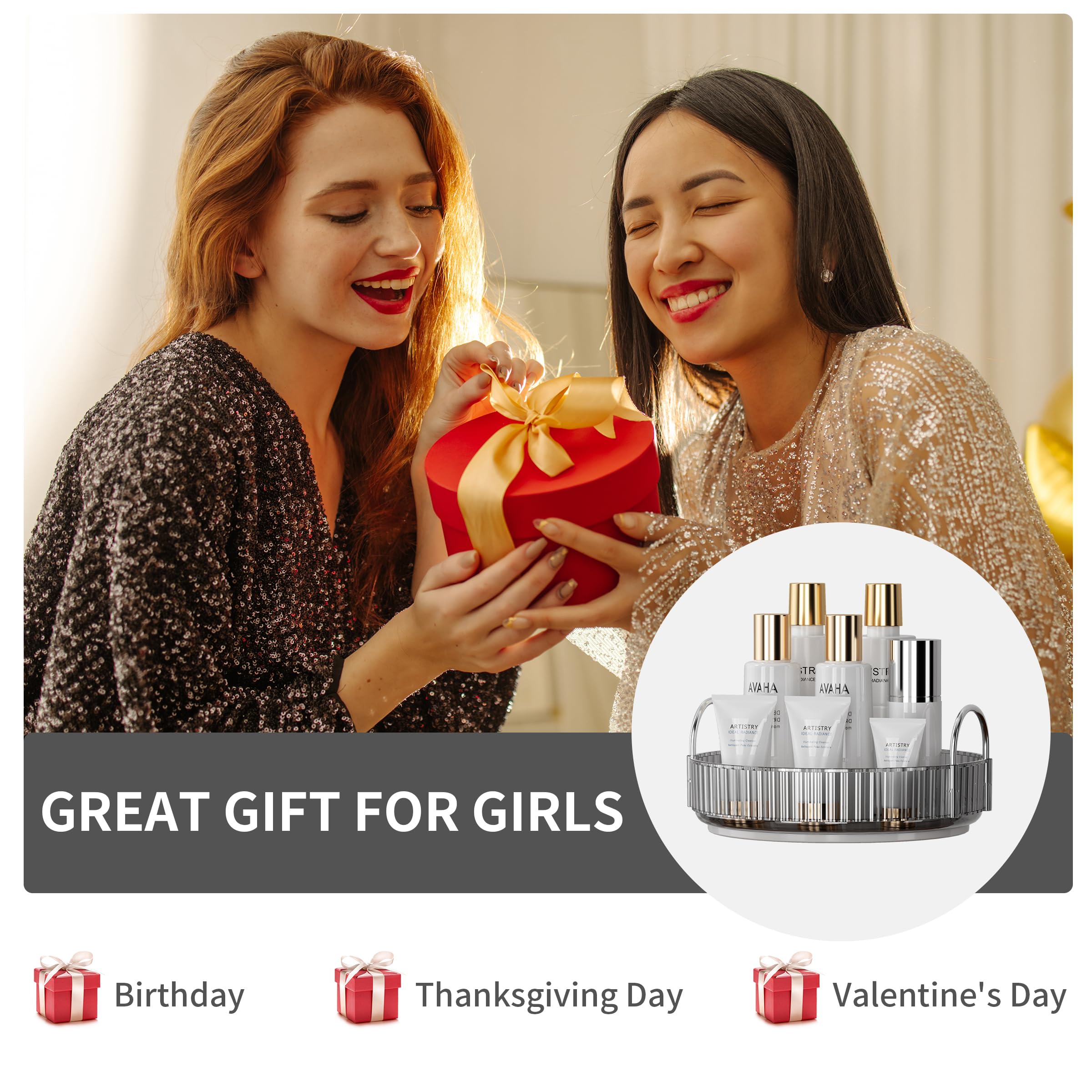 YCIA&DONE 360 Rotating Makeup Organizer and Storage for Vanity Bathroom Countertop, High Capacity Cosmetic Skincare Perfume Organizer for Dresser Lazy Susan Organizers(Clear White,2 Tiers)