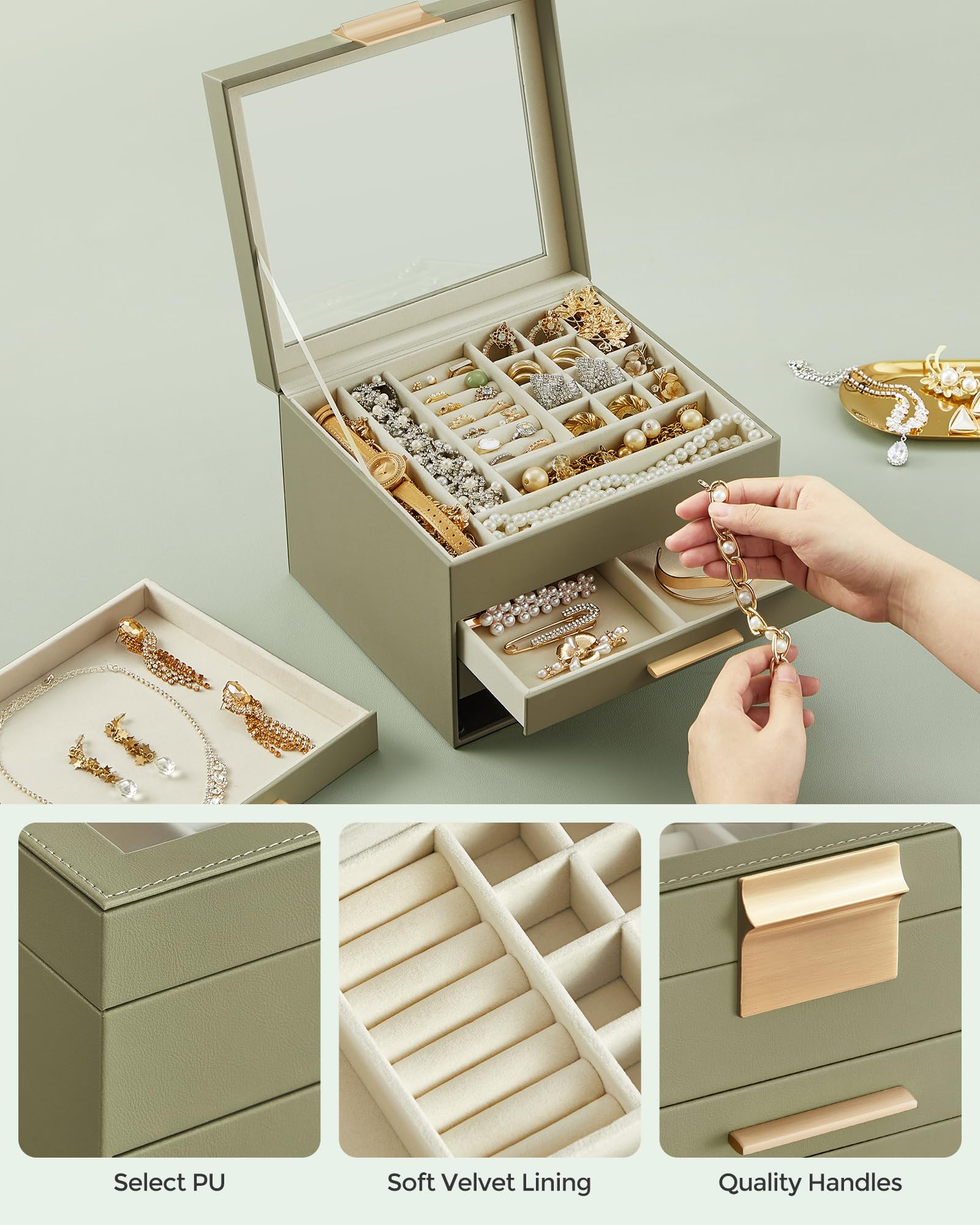 SONGMICS Jewelry Box with Glass Lid, 3-Layer Jewelry Organizer, 2 Drawers, for Big and Small Jewelry, Jewelry Storage, Modern Style, 8 x 9.1 x 5.3 Inches, Cloud White and Gold Color UJBC239WT