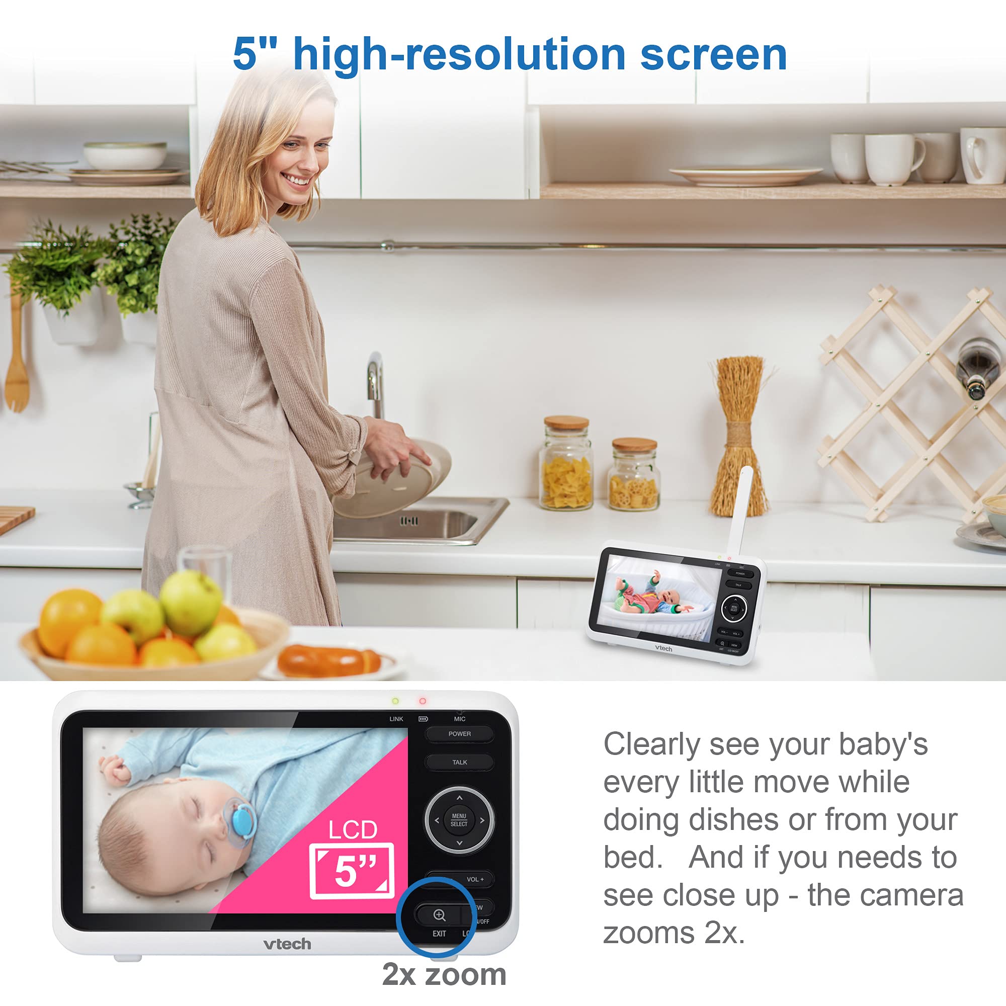 VTech VM819 Baby Monitor, 2.8” Screen, Night Vision, 2-Way Audio, Temperature Sensor and Lullabies, Secure Transmission No WiFi