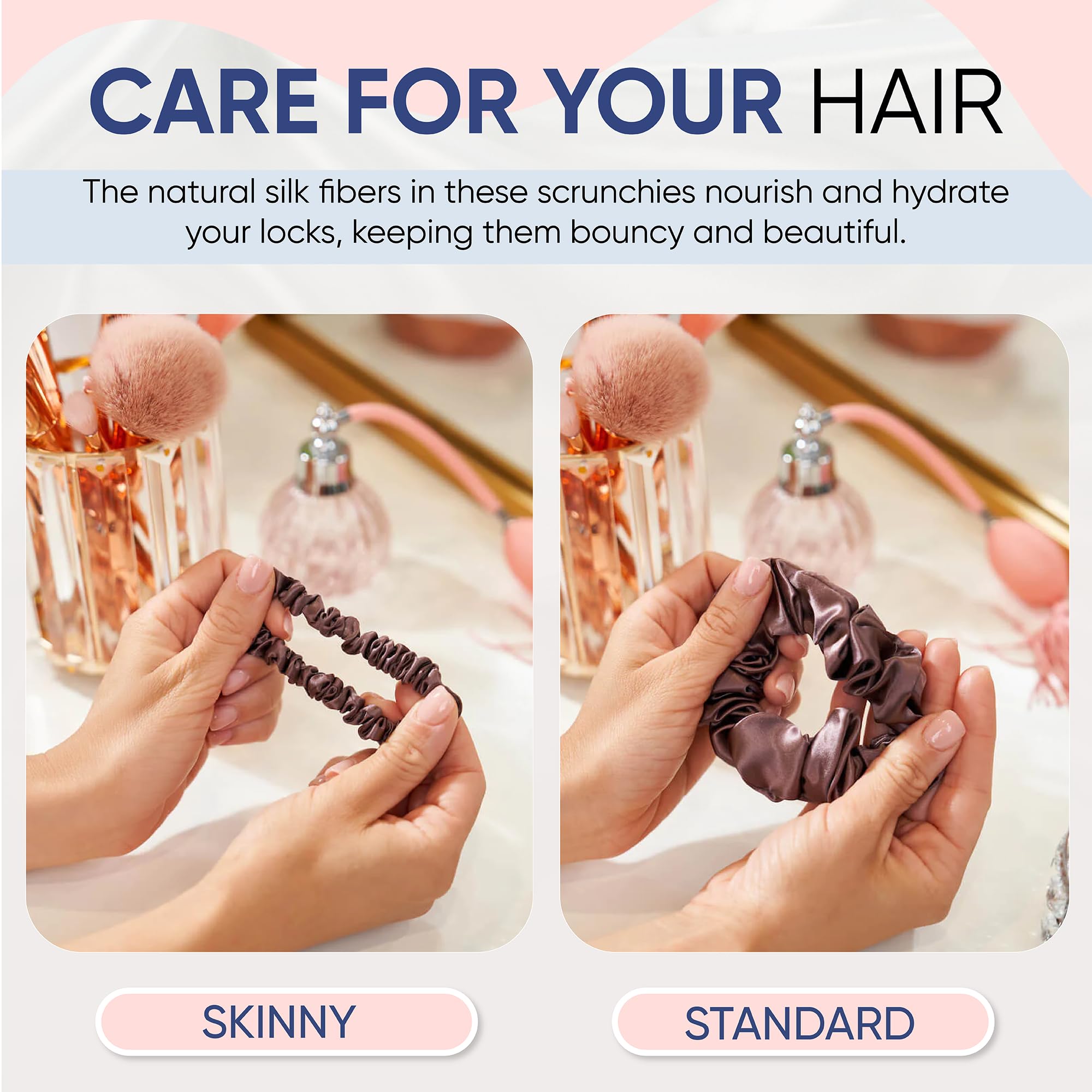 Blissy Silk Scrunchies (3 Pack) - 100% Pure Mulberry Silk - 22 Momme 6A High-Grade Fibers - Silk Scrunchie for Straight & Curly Hair - Preventing Breakage, Tangling, & Creasing (Rose Skinny)