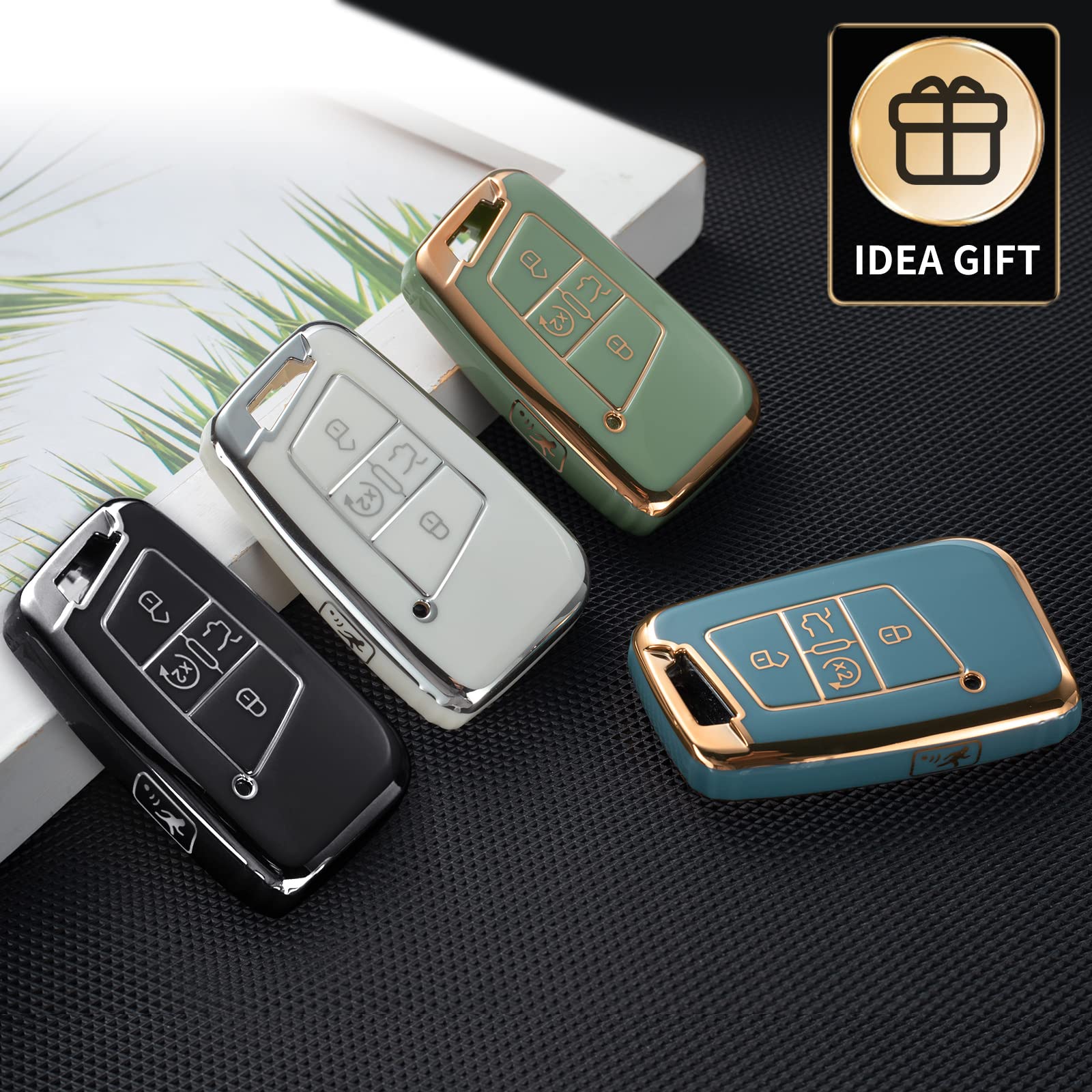 Compatible with VW Volkswagen Key Fob Cover with Leather Lanyard, Car Key Case Shell Protection for Volkswagen Tiguan Atlas Jetta Passat Golf Alltrack Smart Remote Control,Green