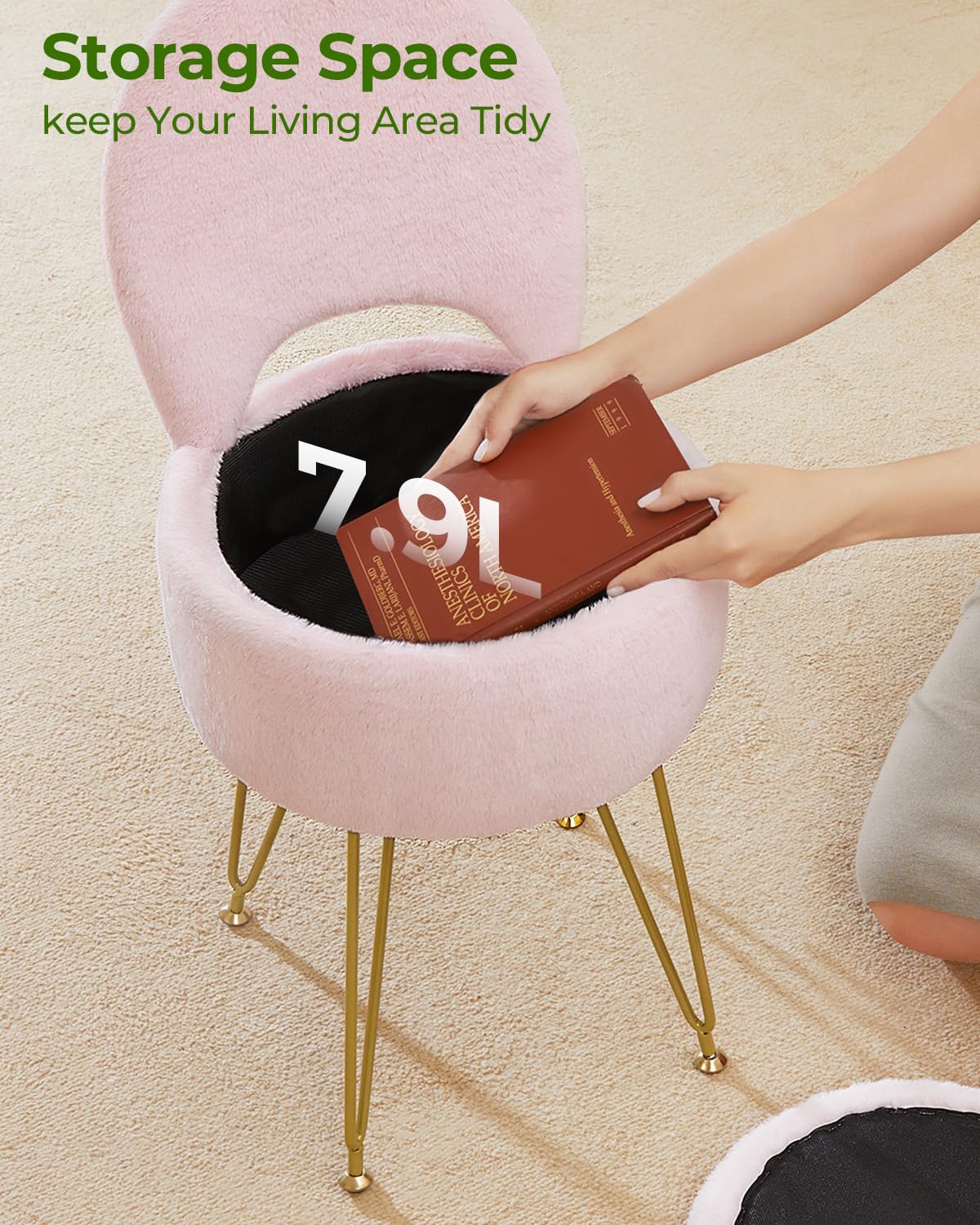 Greenstell Vanity Stool with Foldable Back, Vanity Chair with Storage, 13" Dx 27.7" H Faux Fur Soft Ottoman, 4 Metal Legs with Anti-Slip Feet, Small Furry Padded Seat for Makeup, Bedroom, White