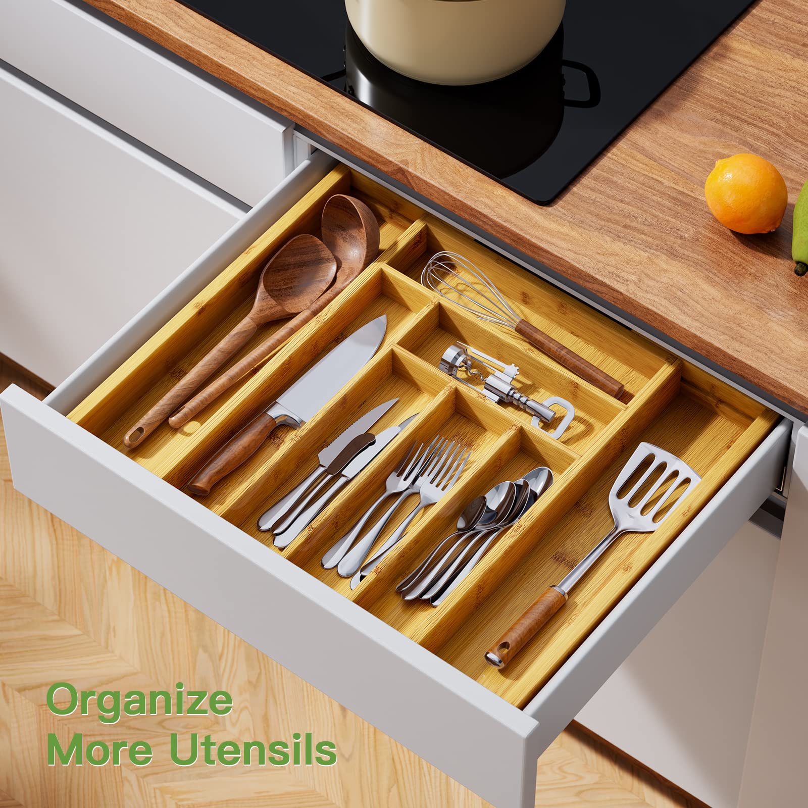 Bamboo Expandable Drawer Organizer for Utensils Holder, Adjustable Cutlery Tray, Wood Drawer Dividers Organizer for Silverware, Flatware, Knives in Kitchen, Bedroom, Living Room by Pipishell