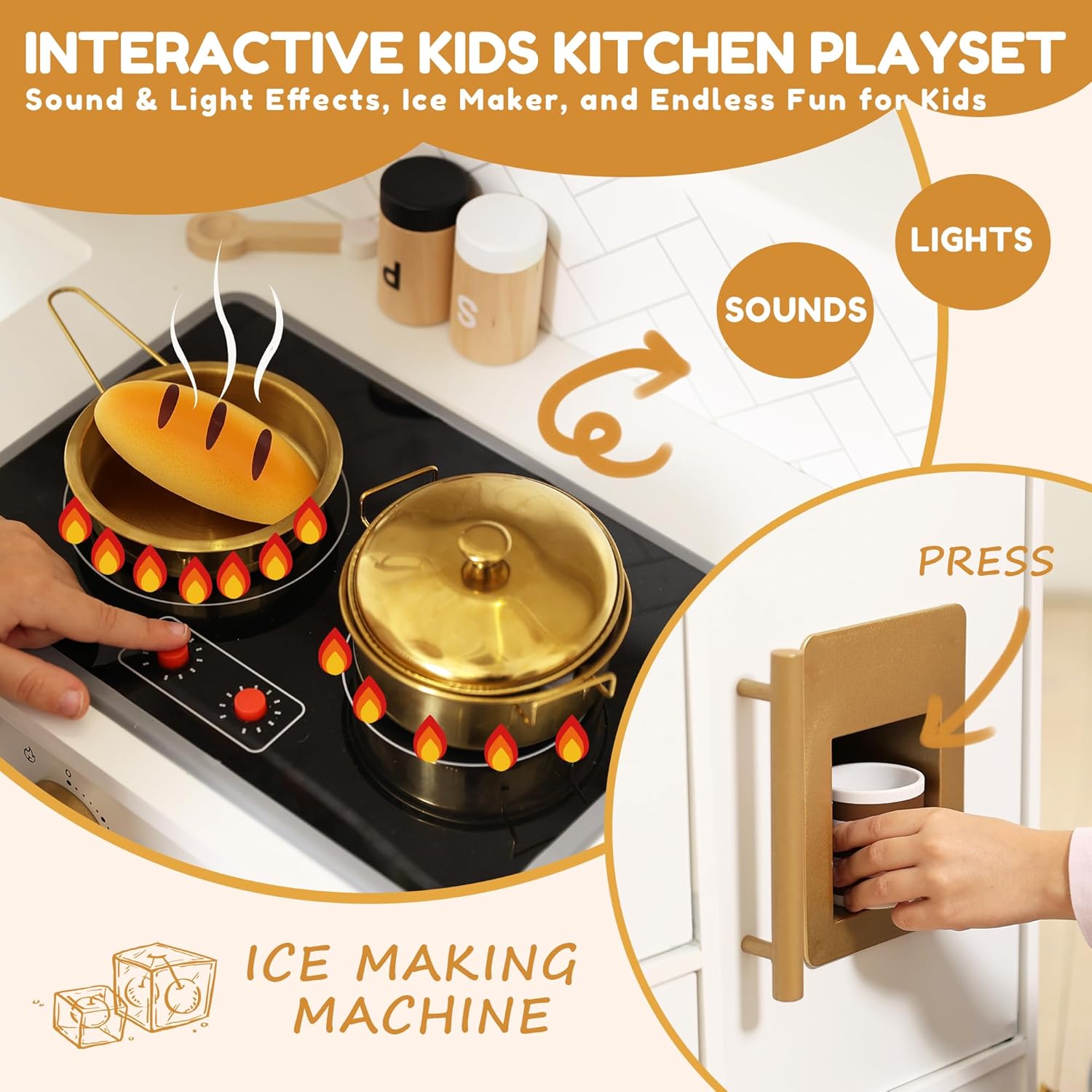Interactive Wooden Play Kitchen Set for Kids: Realistic Features with Extended Storage and 15 pcs Kitchen Accessories, Ideal Pretend Playset Gift for Toddlers and Children Ages 3+
