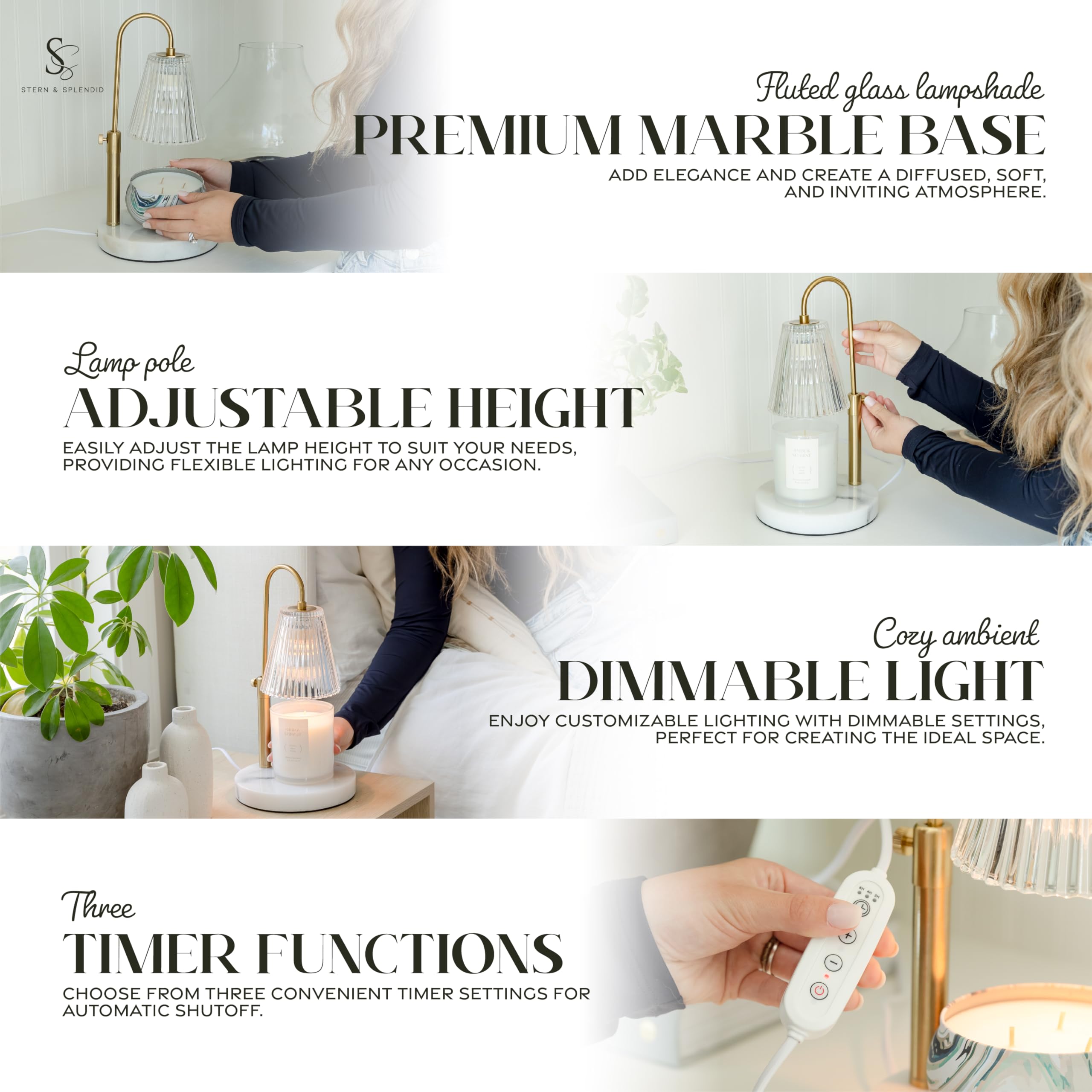 Flameless Candle Warmer Lamp for Jar Candles Large & Small – Dimmable Lamp Candle Warmer Electric with Large Marble Base & Adjustable Height – Candle Melter with Timer and 4 Halogen Light Bulbs