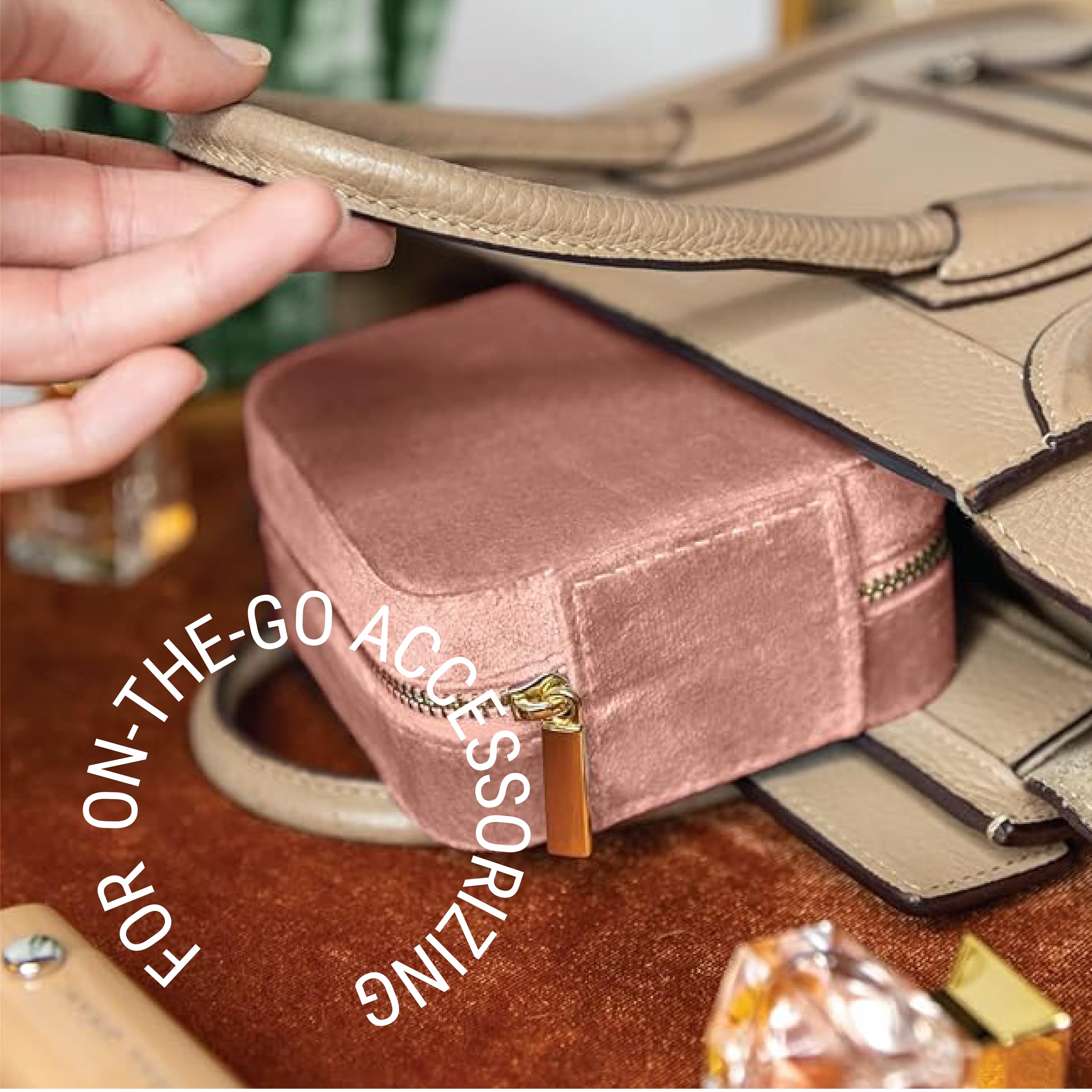 Benevolence LA Plush Velvet Travel Jewelry Storage Box | Travel Jewelry Case Small Jewelry Box for Women | Jewelry Travel Organizer | Earring Organizer with Mirror - Dusty Pink