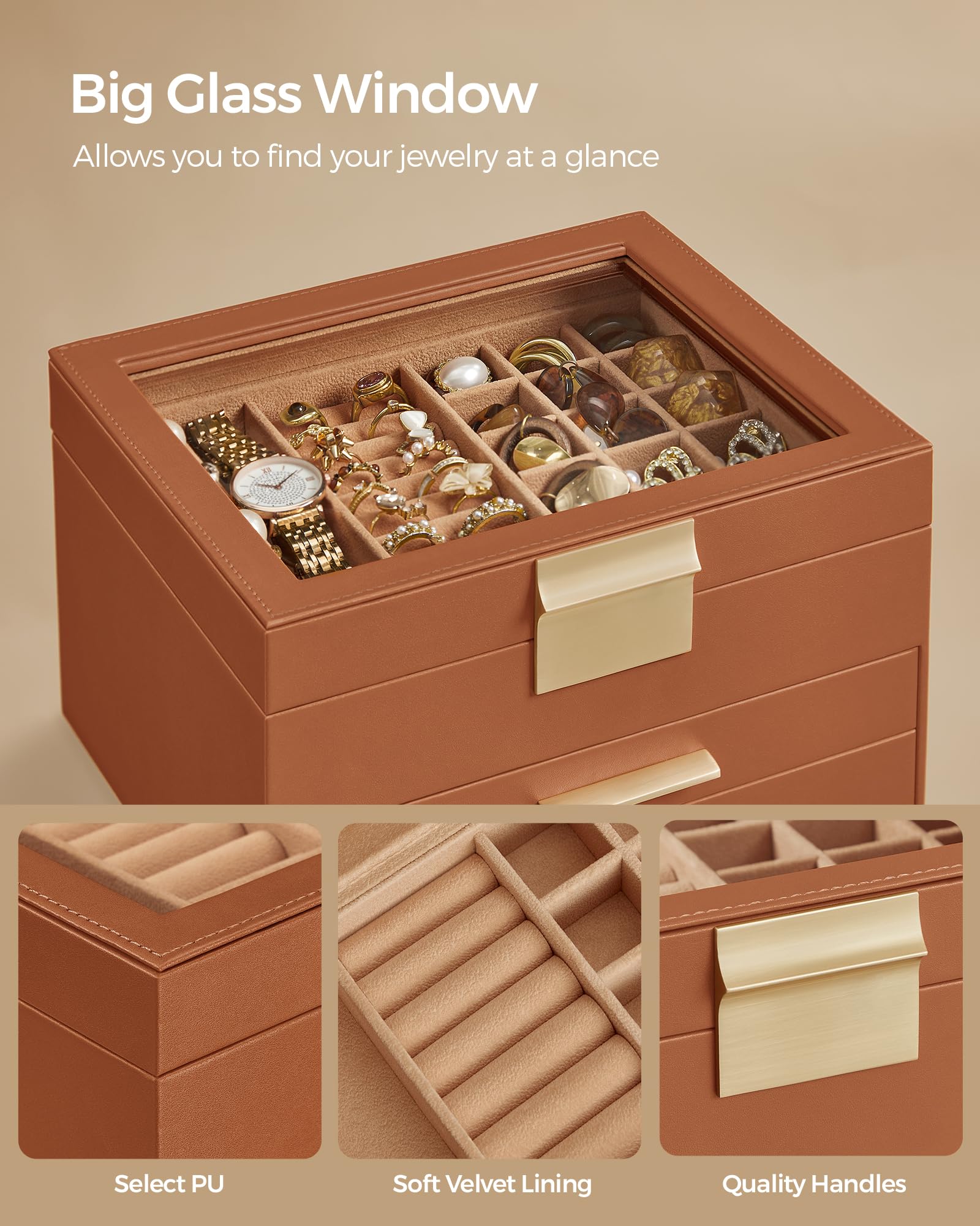 SONGMICS Jewelry Box with Glass Lid, 3-Layer Jewelry Organizer, 2 Drawers, for Big and Small Jewelry, Jewelry Storage, Modern Style, 8 x 9.1 x 5.3 Inches, Cloud White and Gold Color UJBC239WT