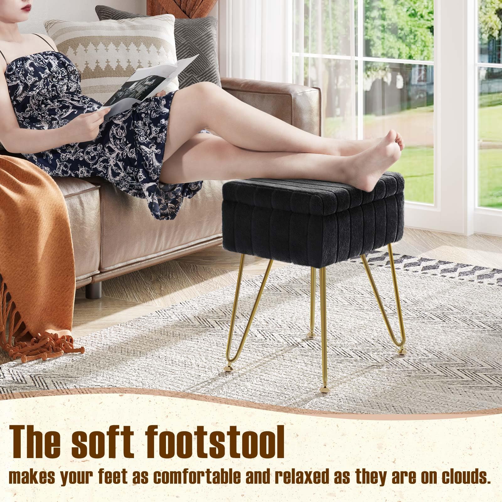 Greenstell Vanity Stool Chair Faux Fur with Storage, 19.4" H x 15.7" L x 11.8" W Soft Ottoman 4 Metal Legs with Anti-Slip Feet, Furry Padded Seat, Modern Multifunctional Chairs for Makeup, Bedroom
