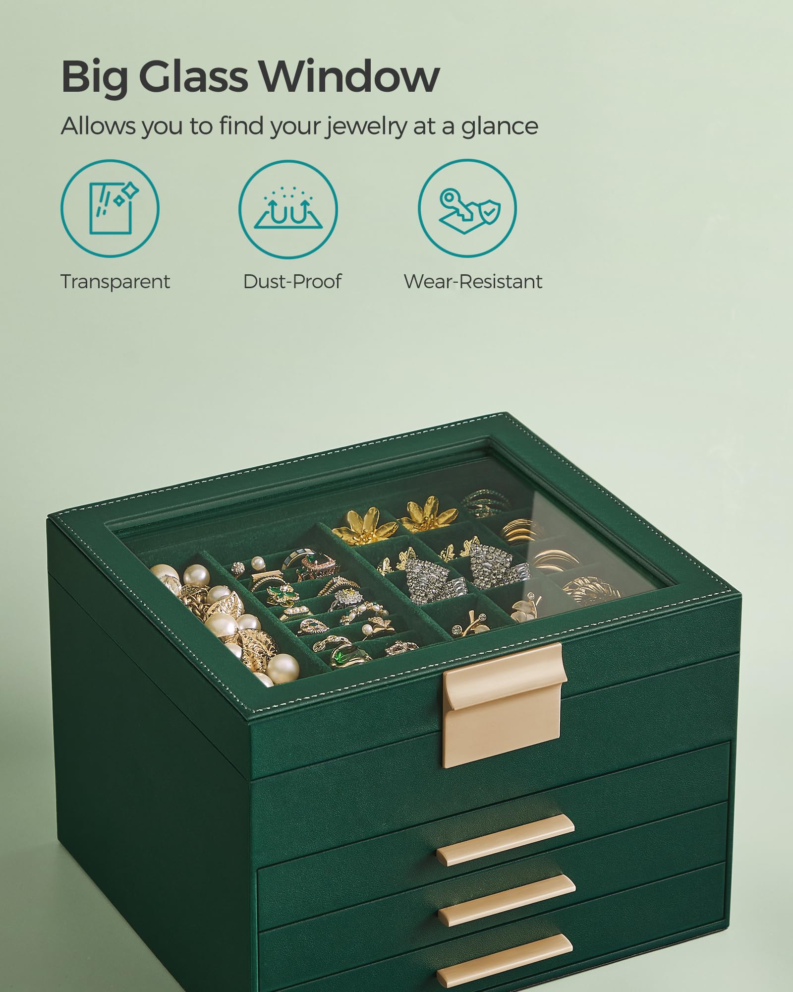 SONGMICS Jewelry Box with Glass Lid, 3-Layer Jewelry Organizer, 2 Drawers, for Big and Small Jewelry, Jewelry Storage, Modern Style, 8 x 9.1 x 5.3 Inches, Cloud White and Gold Color UJBC239WT