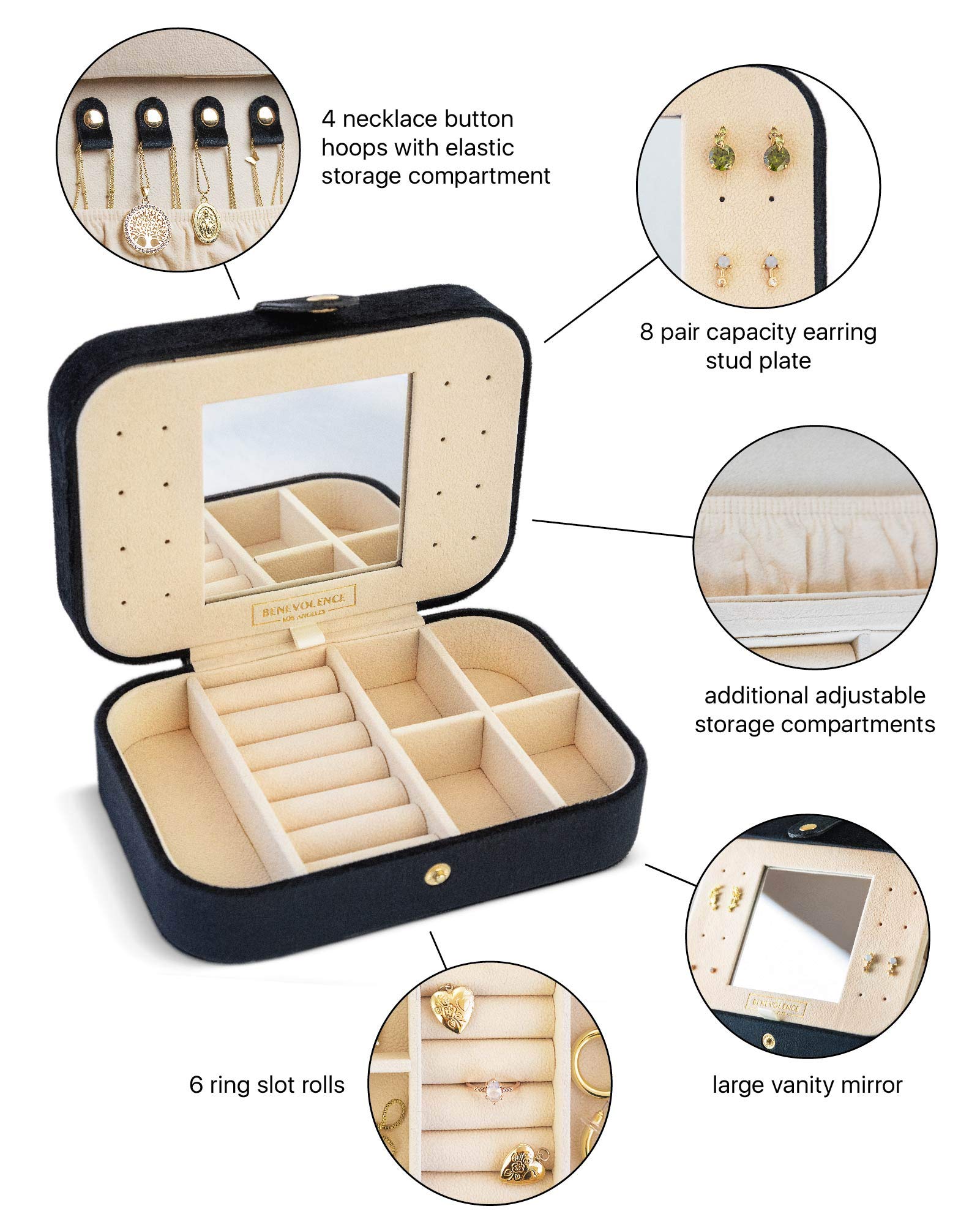 Benevolence LA Plush Velvet Travel Jewelry Storage Box | Travel Jewelry Case Small Jewelry Box for Women | Jewelry Travel Organizer | Earring Organizer with Mirror - Dusty Pink