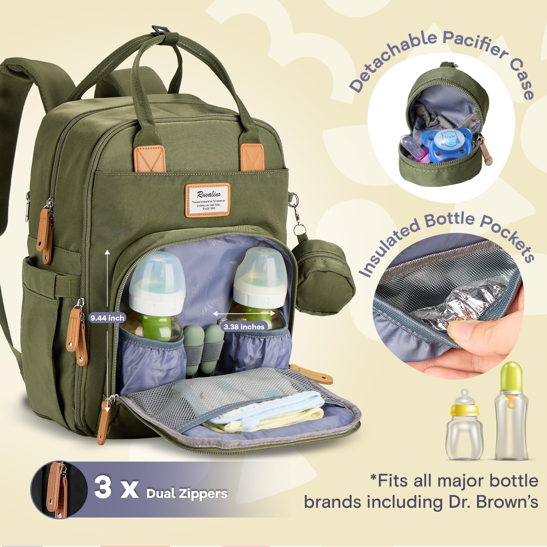 RUVALINO Diaper Bag Backpack, Multifunction Travel Pack Maternity Baby Changing Bags, Large Capacity, Waterproof, Beige