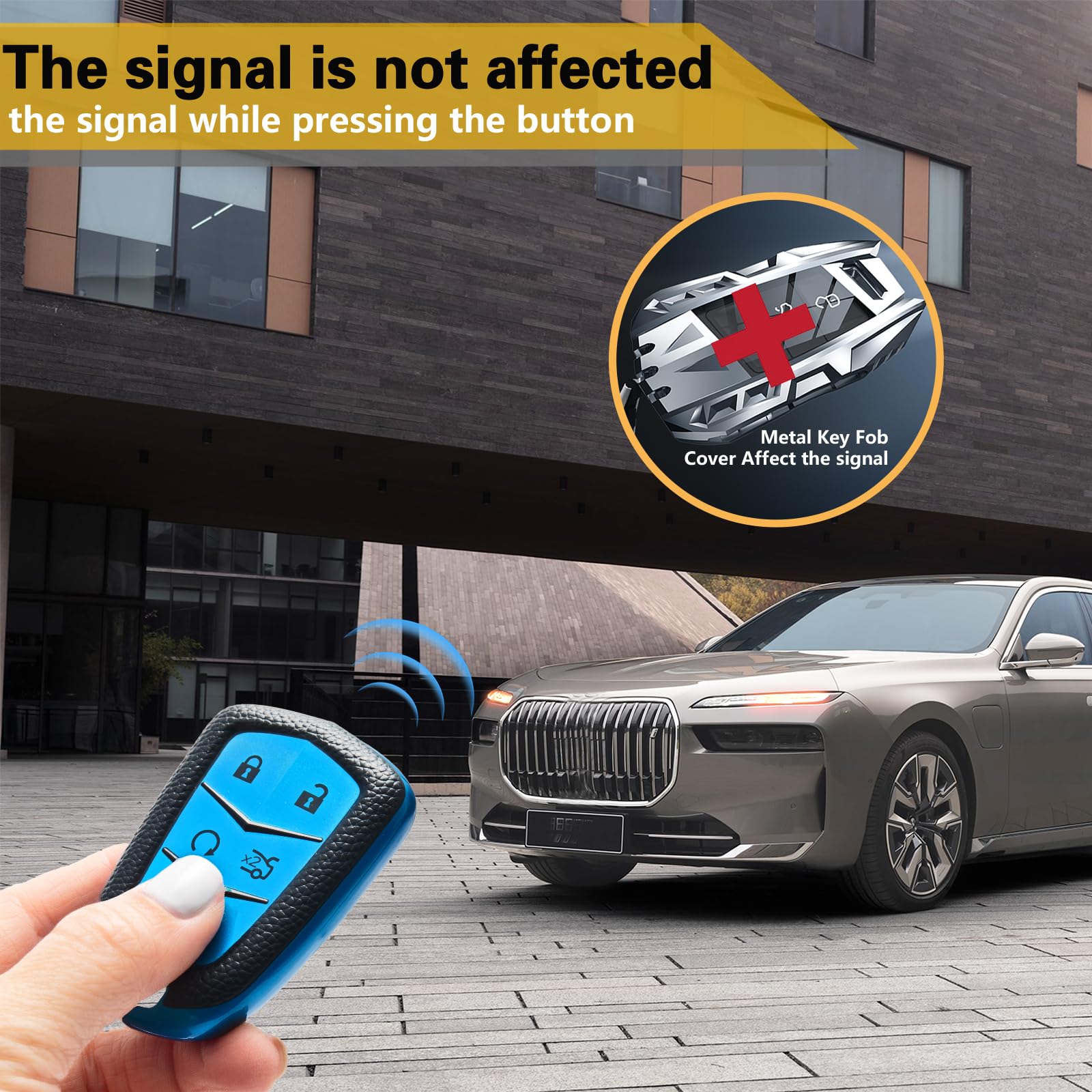 Cadillac Key Fob Cover with Metal Braided Rope Keychain, Upgraded Soft Key Case for 2015-2019 Escalade CTS SRX XT5 ATS STS CT6 (5 Button) (Gold Edge)