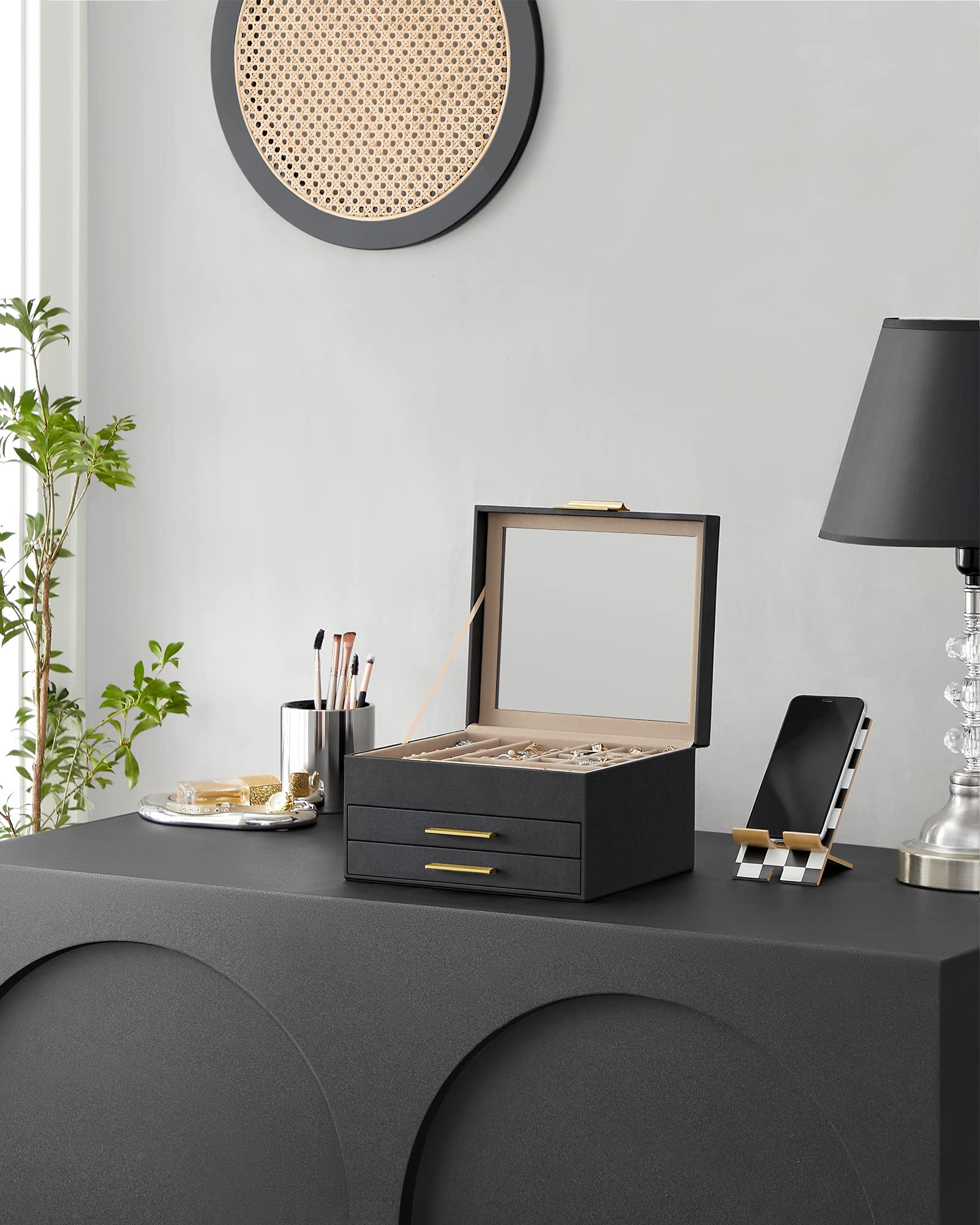 SONGMICS Jewelry Box with Glass Lid, 3-Layer Jewelry Organizer, 2 Drawers, for Big and Small Jewelry, Jewelry Storage, Modern Style, 8 x 9.1 x 5.3 Inches, Cloud White and Gold Color UJBC239WT