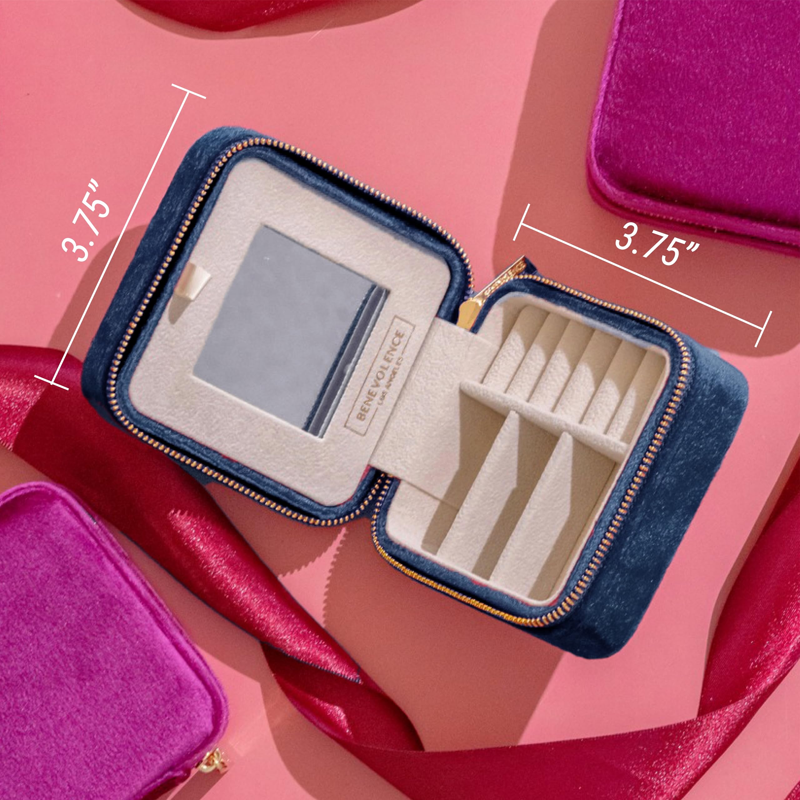 Benevolence LA Plush Velvet Travel Jewelry Storage Box | Travel Jewelry Case Small Jewelry Box for Women | Jewelry Travel Organizer | Earring Organizer with Mirror - Dusty Pink