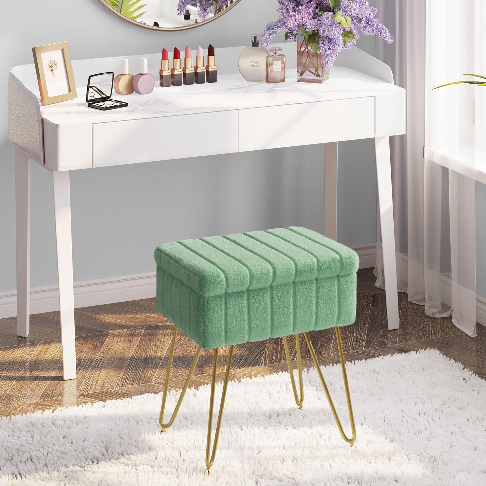 Greenstell Vanity Stool Chair Faux Fur with Storage, 19.4" H x 15.7" L x 11.8" W Soft Ottoman 4 Metal Legs with Anti-Slip Feet, Furry Padded Seat, Modern Multifunctional Chairs for Makeup, Bedroom
