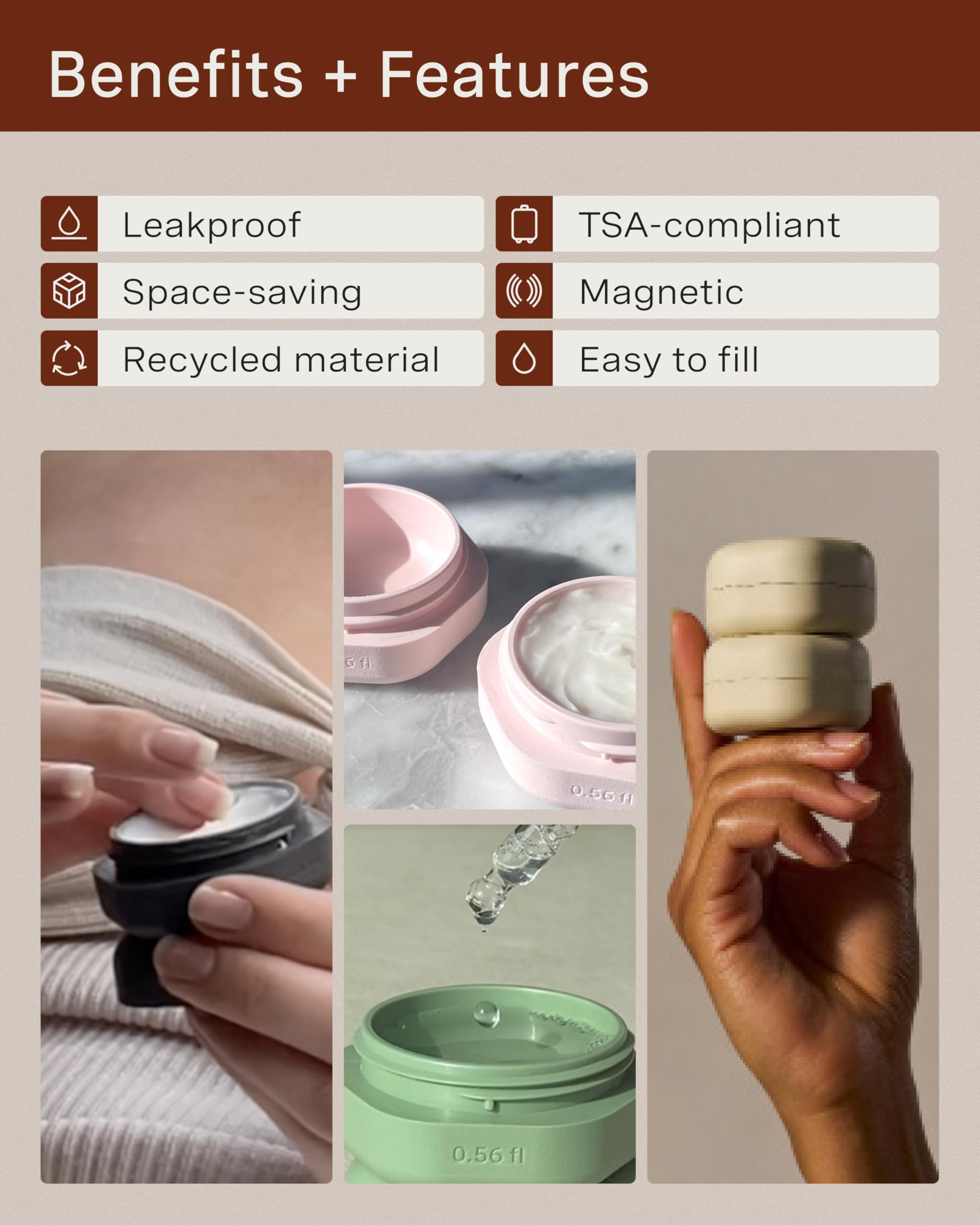 Cadence Travel Containers - Skincare Set - Magnetic Travel Capsules - for Facial Cleanser, Moisturizer, Sunscreen - 3 Small Capsules (0.56oz) with Cleanser, Moisturizer & Sun-Icon Labels - Sand