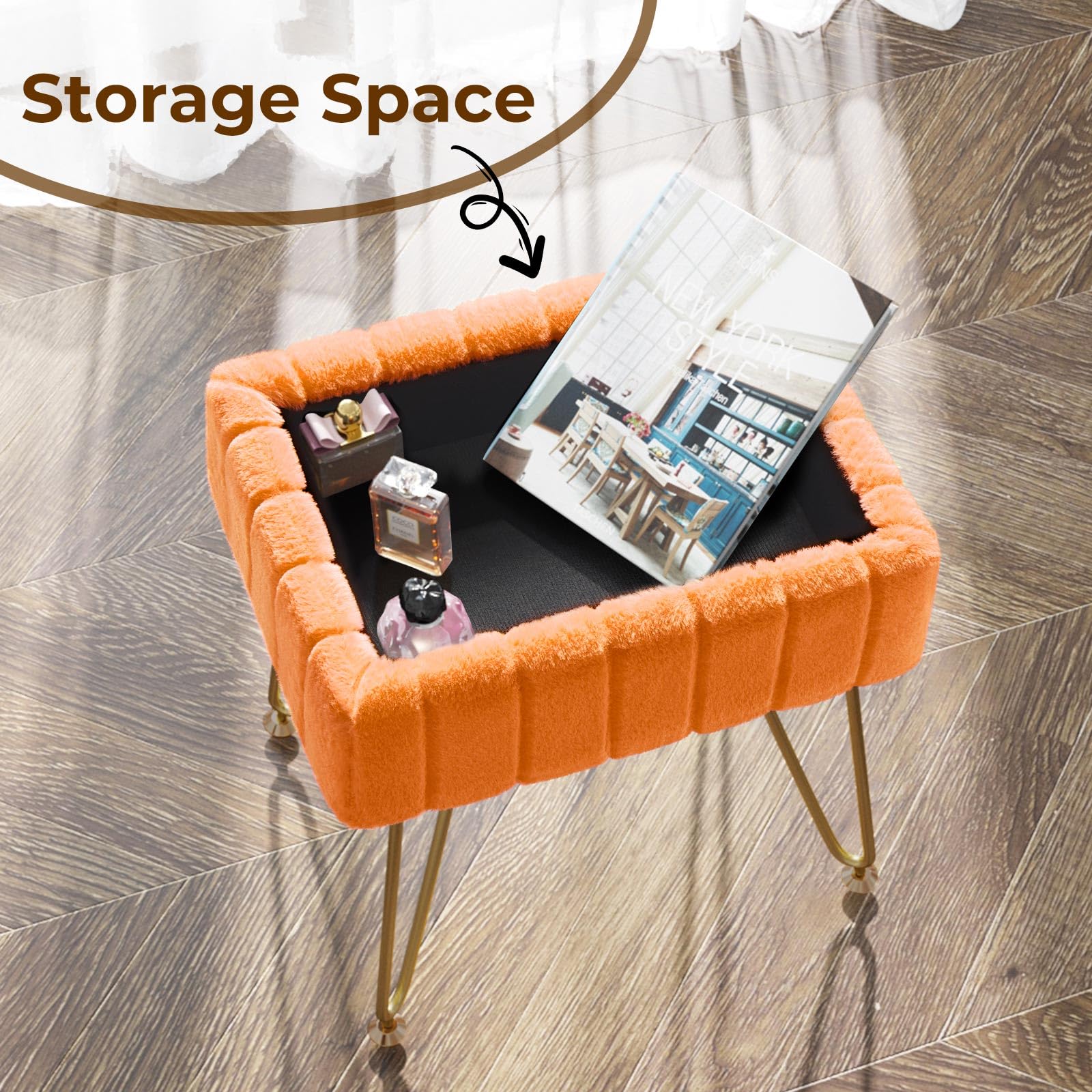 Greenstell Vanity Stool Chair Faux Fur with Storage, 19.4" H x 15.7" L x 11.8" W Soft Ottoman 4 Metal Legs with Anti-Slip Feet, Furry Padded Seat, Modern Multifunctional Chairs for Makeup, Bedroom