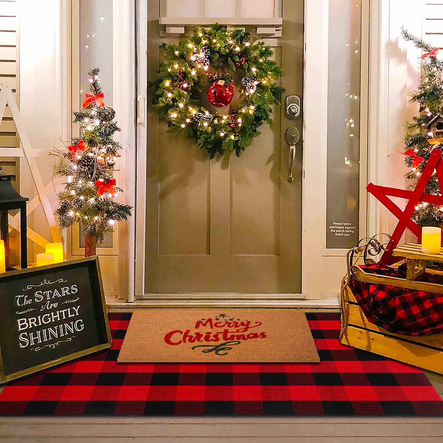 Christmas Red and White Plaid Rug - 28 x 43 Inches Outdoor Front Door Decor Mat Cotton Washable Hand-Woven Rug Christmas New Year Holiday Porch Entryway Layered Doormat
