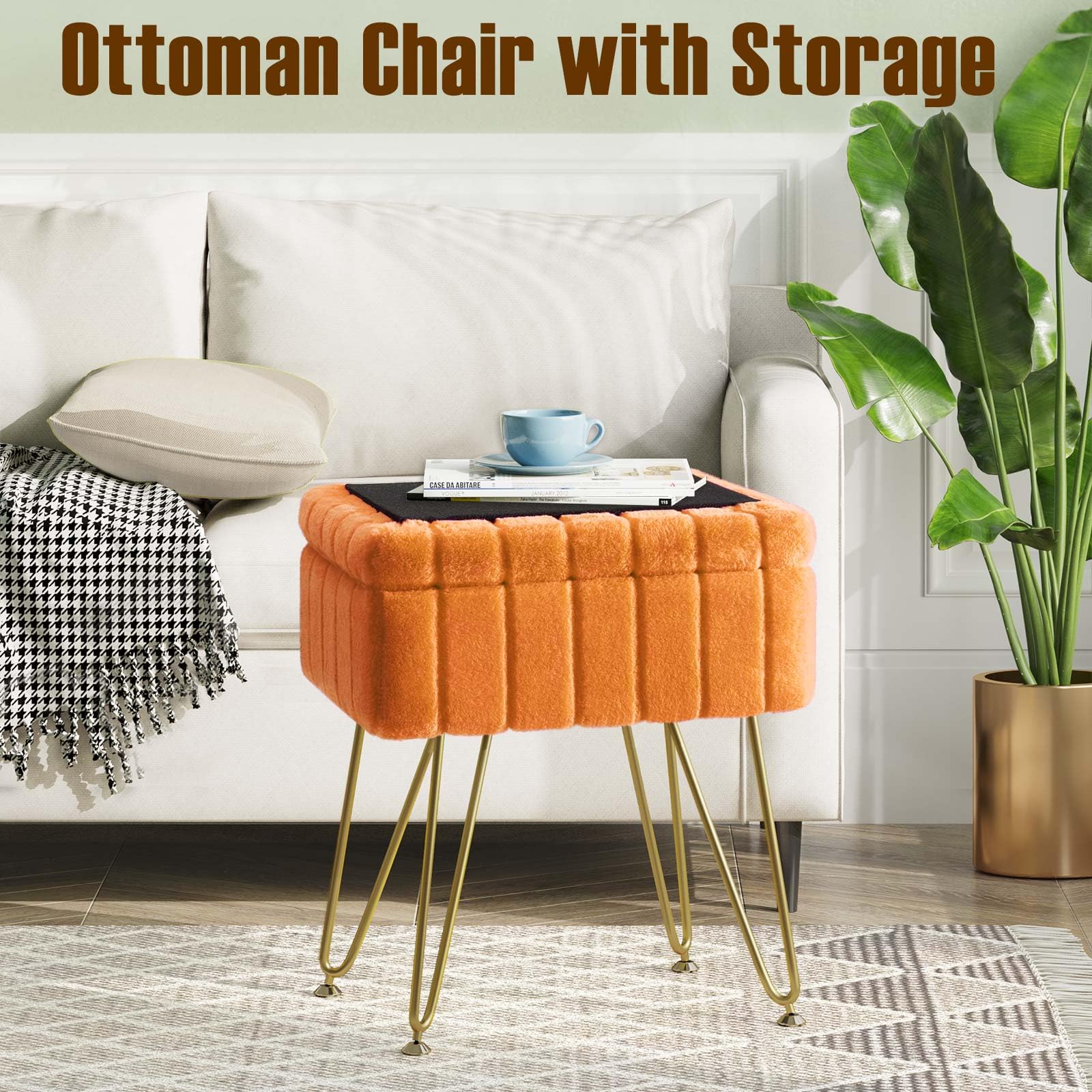Greenstell Vanity Stool Chair Faux Fur with Storage, 19.4" H x 15.7" L x 11.8" W Soft Ottoman 4 Metal Legs with Anti-Slip Feet, Furry Padded Seat, Modern Multifunctional Chairs for Makeup, Bedroom