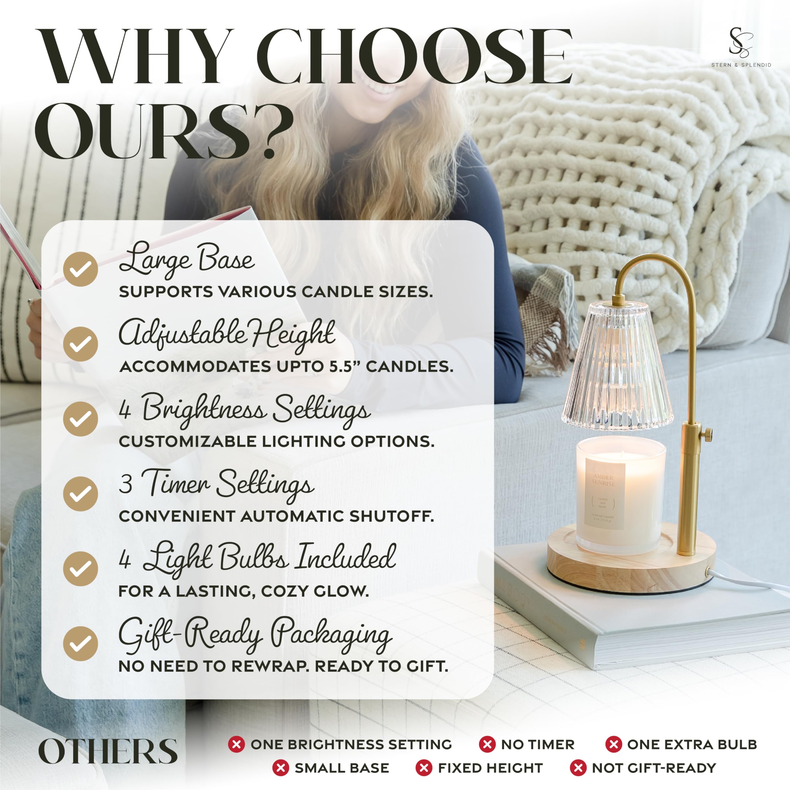 Flameless Candle Warmer Lamp for Jar Candles Large & Small – Dimmable Lamp Candle Warmer Electric with Large Marble Base & Adjustable Height – Candle Melter with Timer and 4 Halogen Light Bulbs