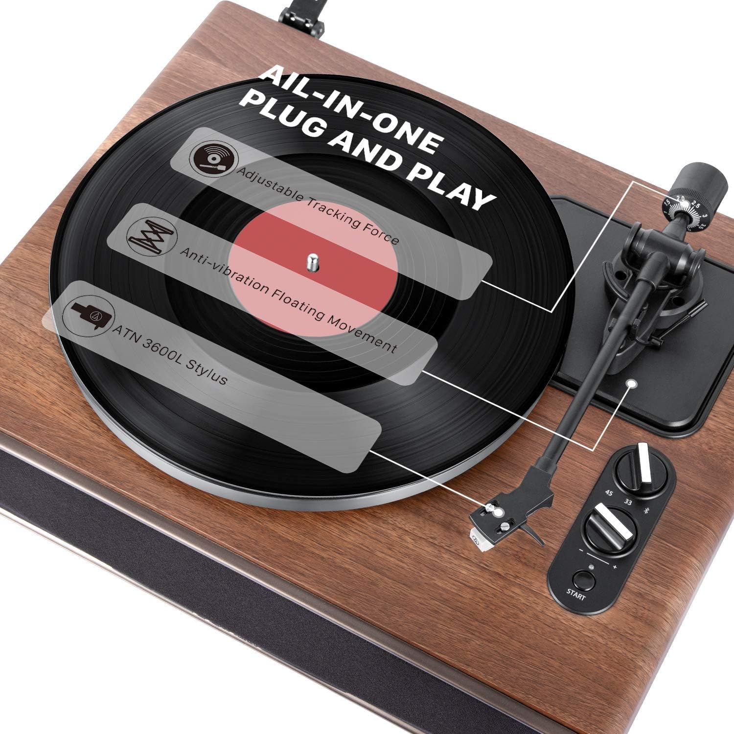 Belt Drive Record Player with Built-in Speakers,Bluetooth Turntable with Magnetic Cartridge,Preamp and Adjustable Counterweight