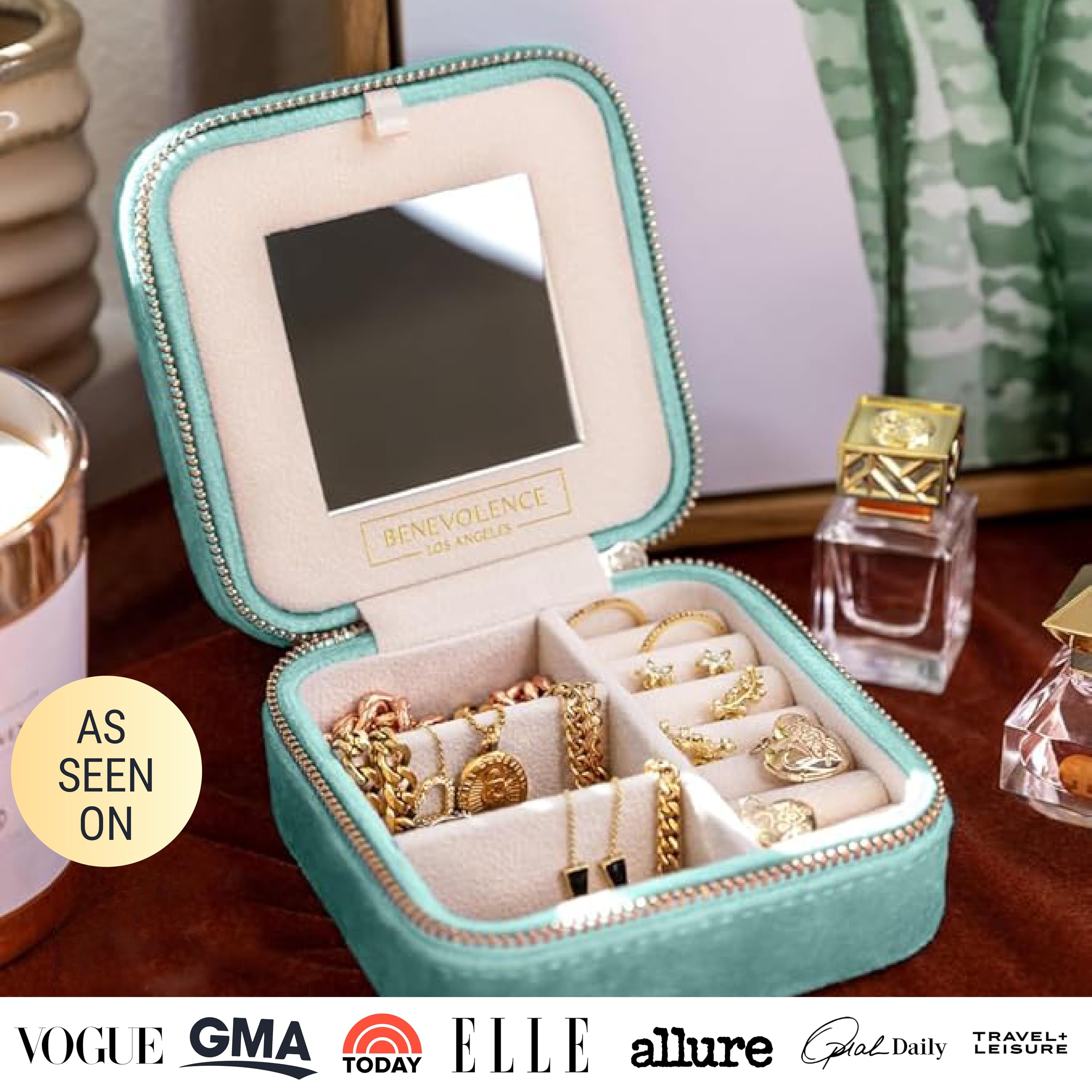 Benevolence LA Plush Velvet Travel Jewelry Storage Box | Travel Jewelry Case Small Jewelry Box for Women | Jewelry Travel Organizer | Earring Organizer with Mirror - Dusty Pink