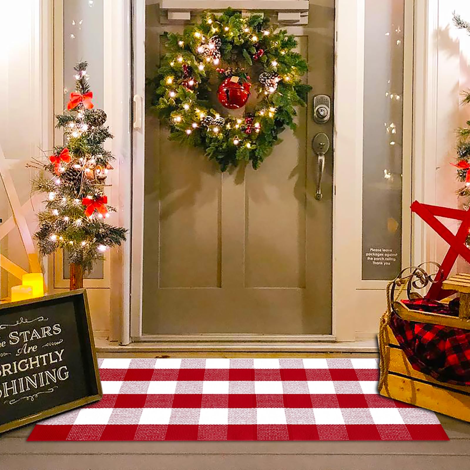 Christmas Red and White Plaid Rug - 28 x 43 Inches Outdoor Front Door Decor Mat Cotton Washable Hand-Woven Rug Christmas New Year Holiday Porch Entryway Layered Doormat
