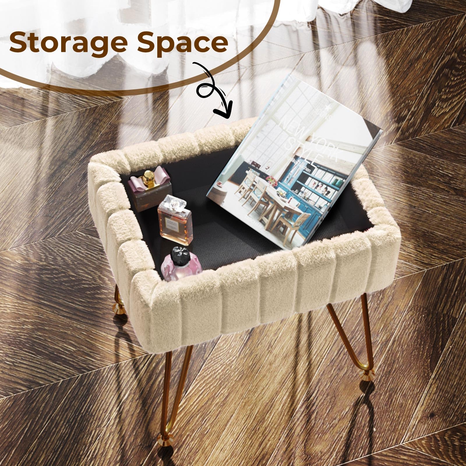 Greenstell Vanity Stool Chair Faux Fur with Storage, 19.4" H x 15.7" L x 11.8" W Soft Ottoman 4 Metal Legs with Anti-Slip Feet, Furry Padded Seat, Modern Multifunctional Chairs for Makeup, Bedroom