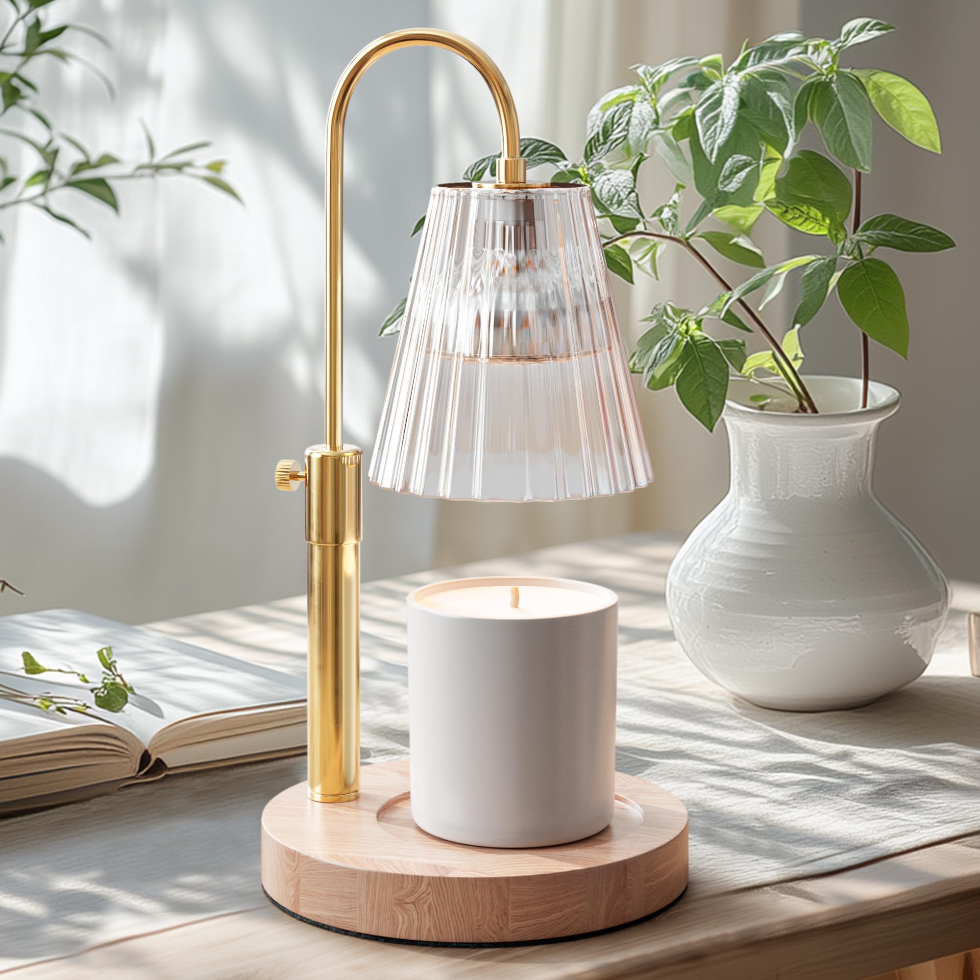 Flameless Candle Warmer Lamp for Jar Candles Large & Small – Dimmable Lamp Candle Warmer Electric with Large Marble Base & Adjustable Height – Candle Melter with Timer and 4 Halogen Light Bulbs