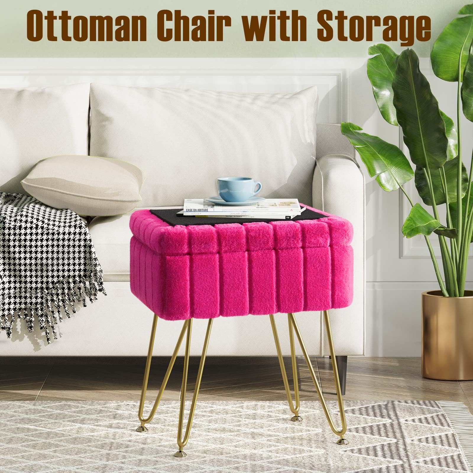 Greenstell Vanity Stool Chair Faux Fur with Storage, 19.4" H x 15.7" L x 11.8" W Soft Ottoman 4 Metal Legs with Anti-Slip Feet, Furry Padded Seat, Modern Multifunctional Chairs for Makeup, Bedroom