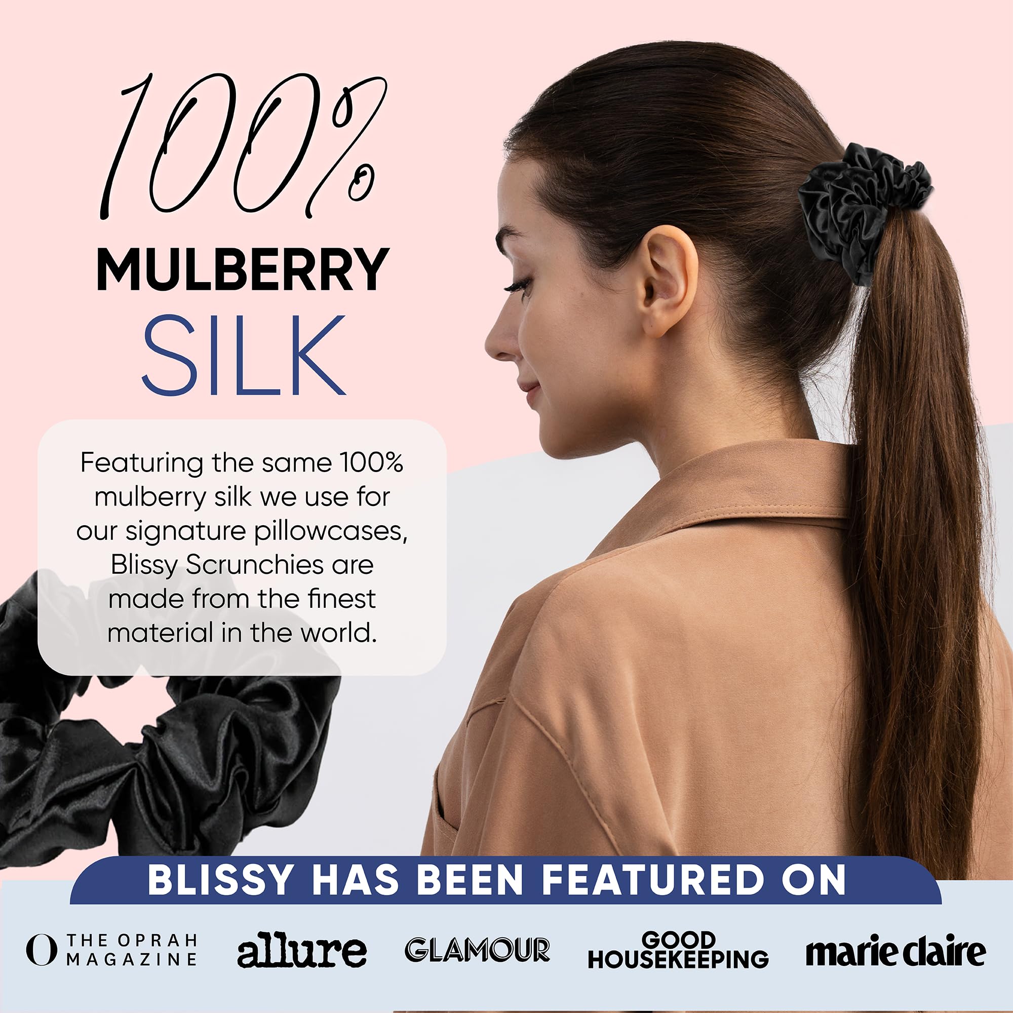 Blissy Silk Scrunchies (3 Pack) - 100% Pure Mulberry Silk - 22 Momme 6A High-Grade Fibers - Silk Scrunchie for Straight & Curly Hair - Preventing Breakage, Tangling, & Creasing (Black Skinny)