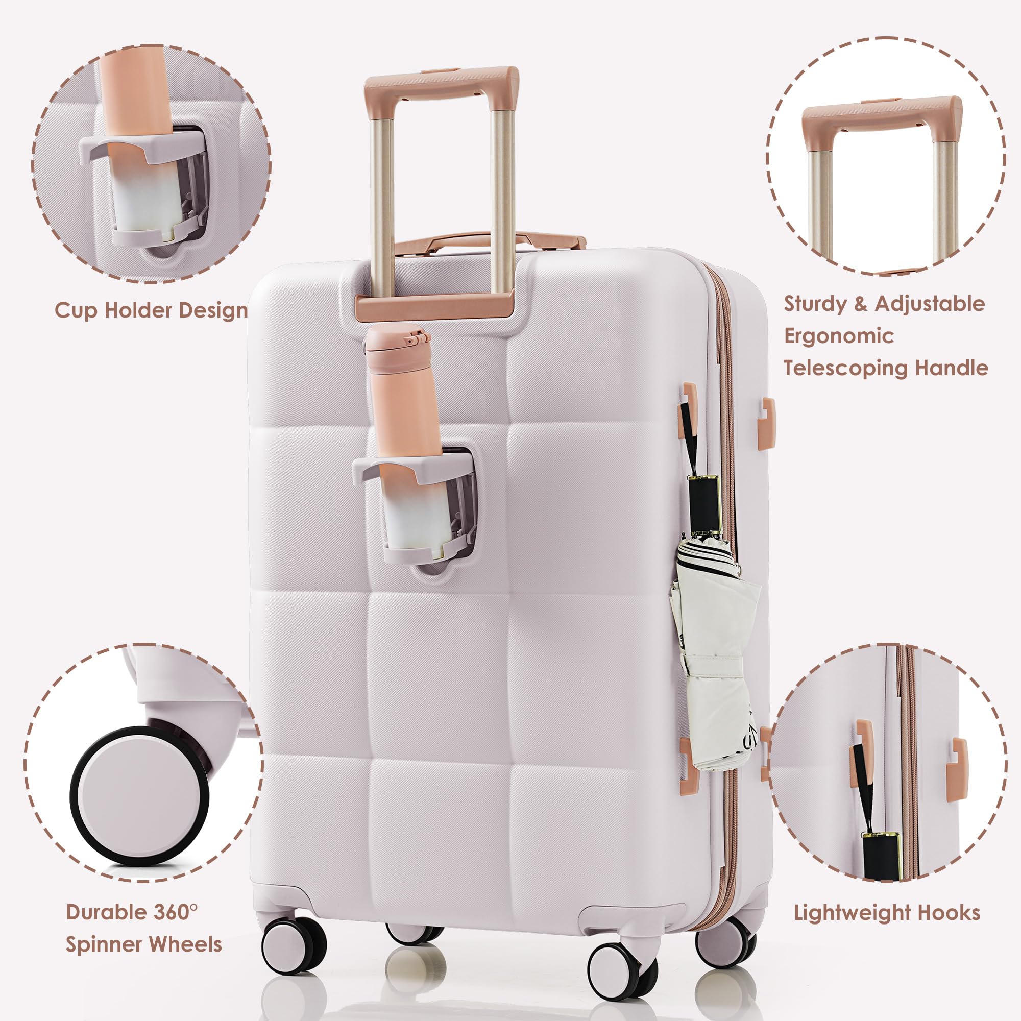 Merax 3 Pcs ABS Hardside Luggage Sets TSA Lock Spinner Wheel Suitcases, Pearly White, 20/24/28 Inch