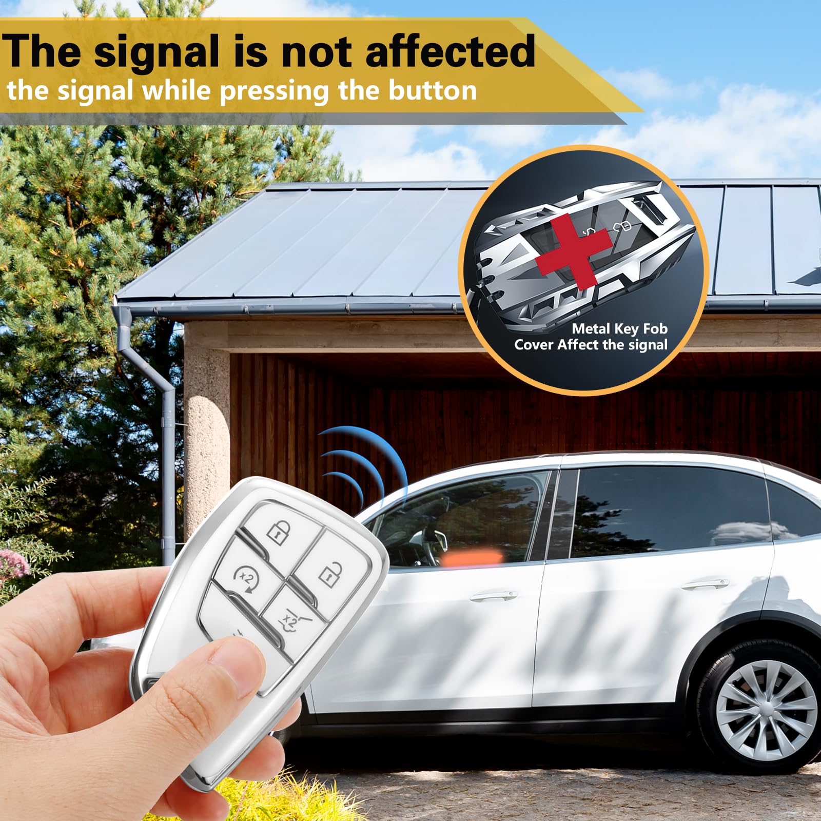 Cadillac Key Fob Cover with Metal Braided Rope Keychain, Upgraded Soft Key Case for 2015-2019 Escalade CTS SRX XT5 ATS STS CT6 (5 Button) (Gold Edge)