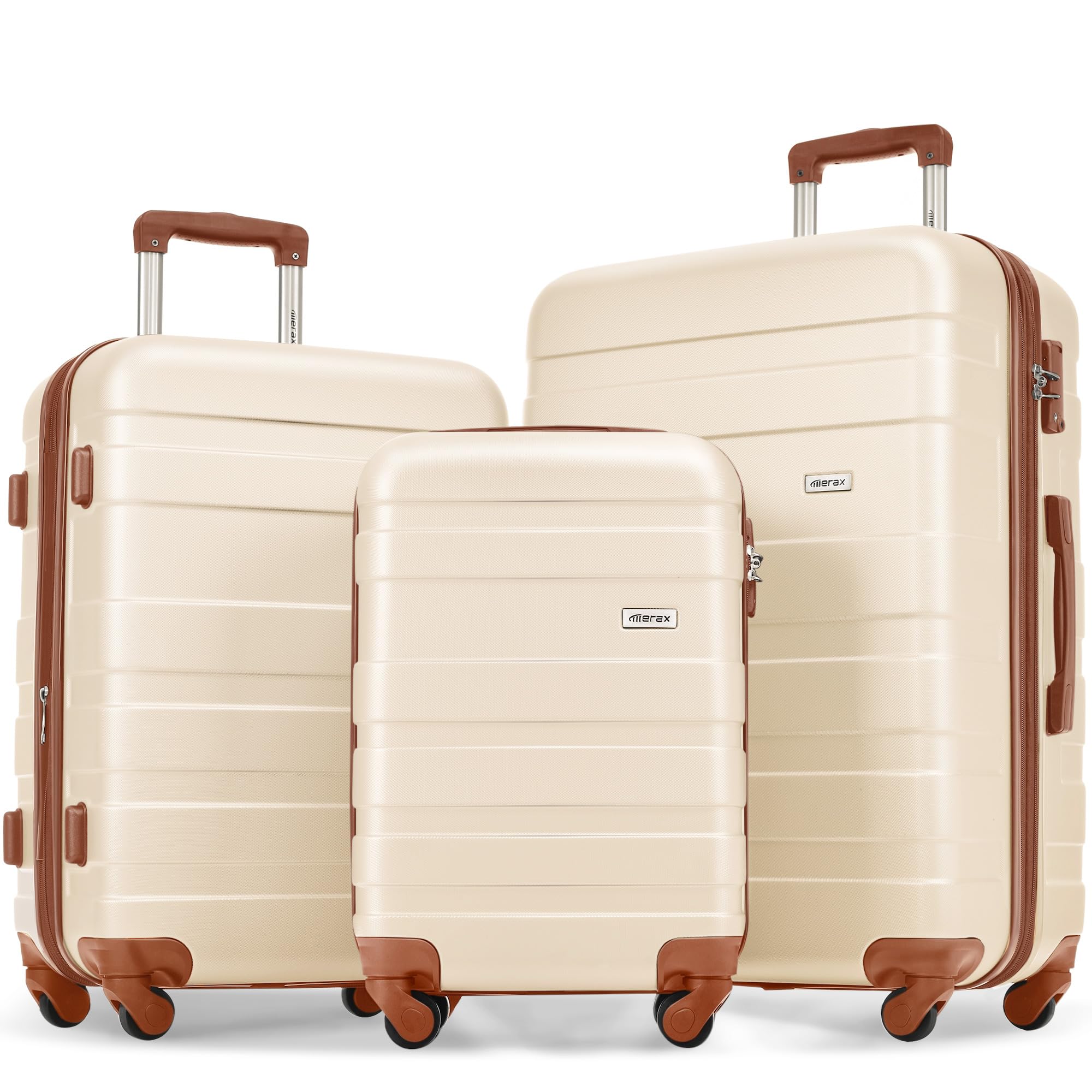 Merax 3 Pcs ABS Hardside Luggage Sets TSA Lock Spinner Wheel Suitcases, Pearly White, 20/24/28 Inch