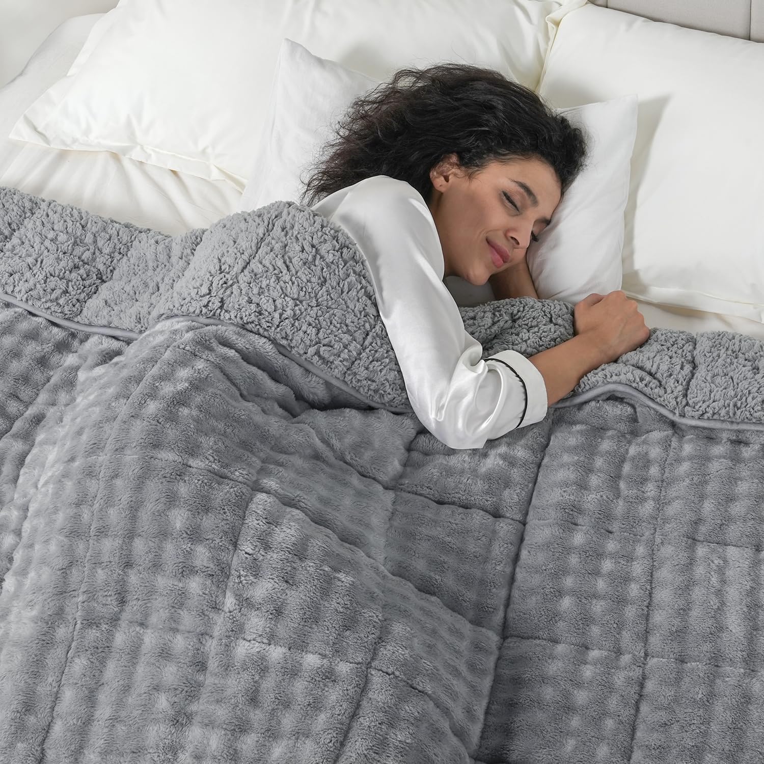 Cottonblue Weighted Blanket 15lbs Bubble Faux Fur Plush Sherpa Weighted Blankets for Adults, Fits Queen Size Bed, Cute Fuzzy Warm Heavy Blanket for Calm and Better Sleep, 60"x80", Cream White