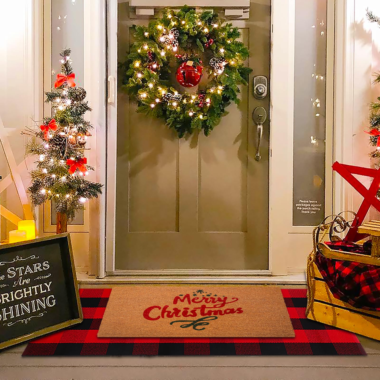 Christmas Red and White Plaid Rug - 28 x 43 Inches Outdoor Front Door Decor Mat Cotton Washable Hand-Woven Rug Christmas New Year Holiday Porch Entryway Layered Doormat