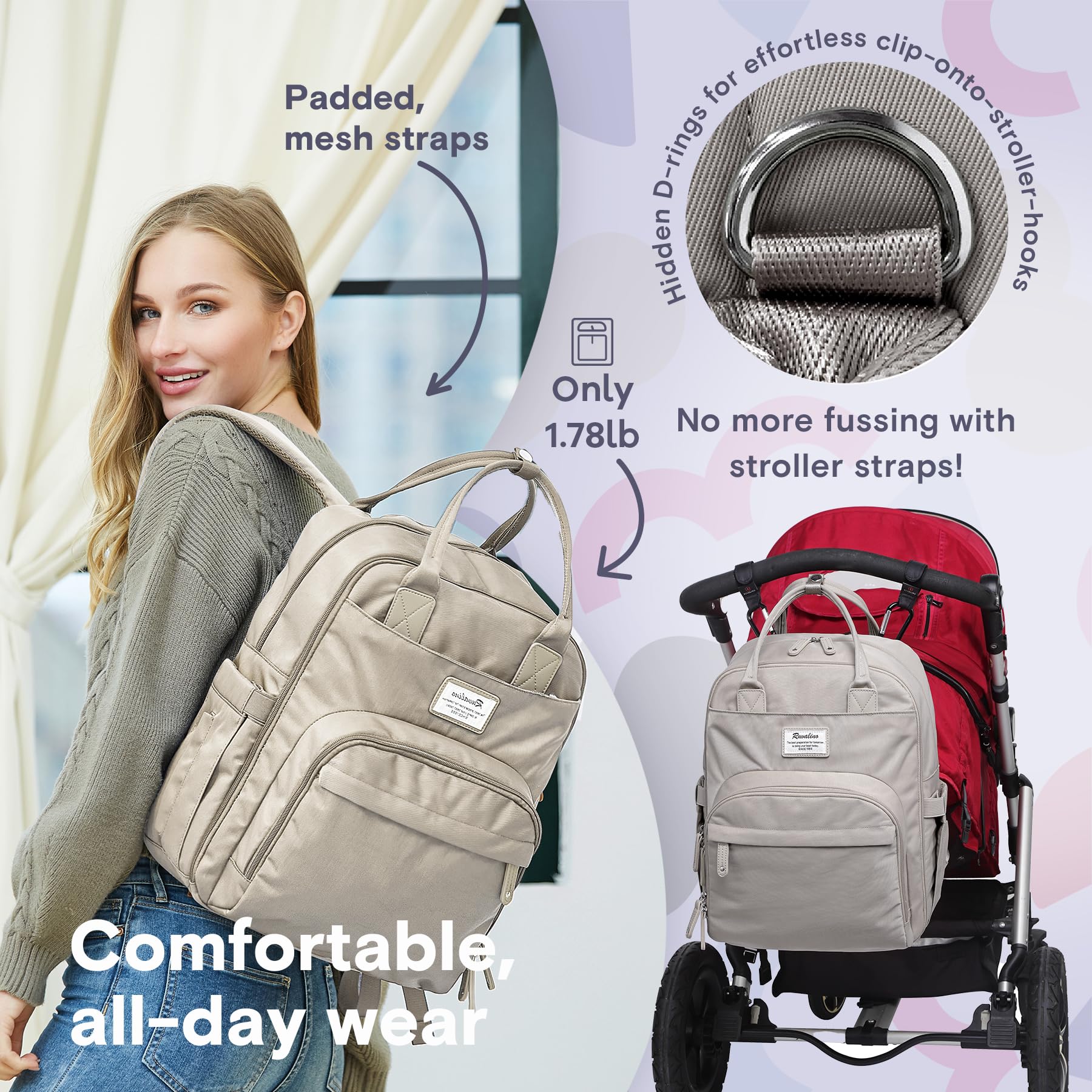 RUVALINO Diaper Bag Backpack, Multifunction Travel Pack Maternity Baby Changing Bags, Large Capacity, Waterproof, Beige