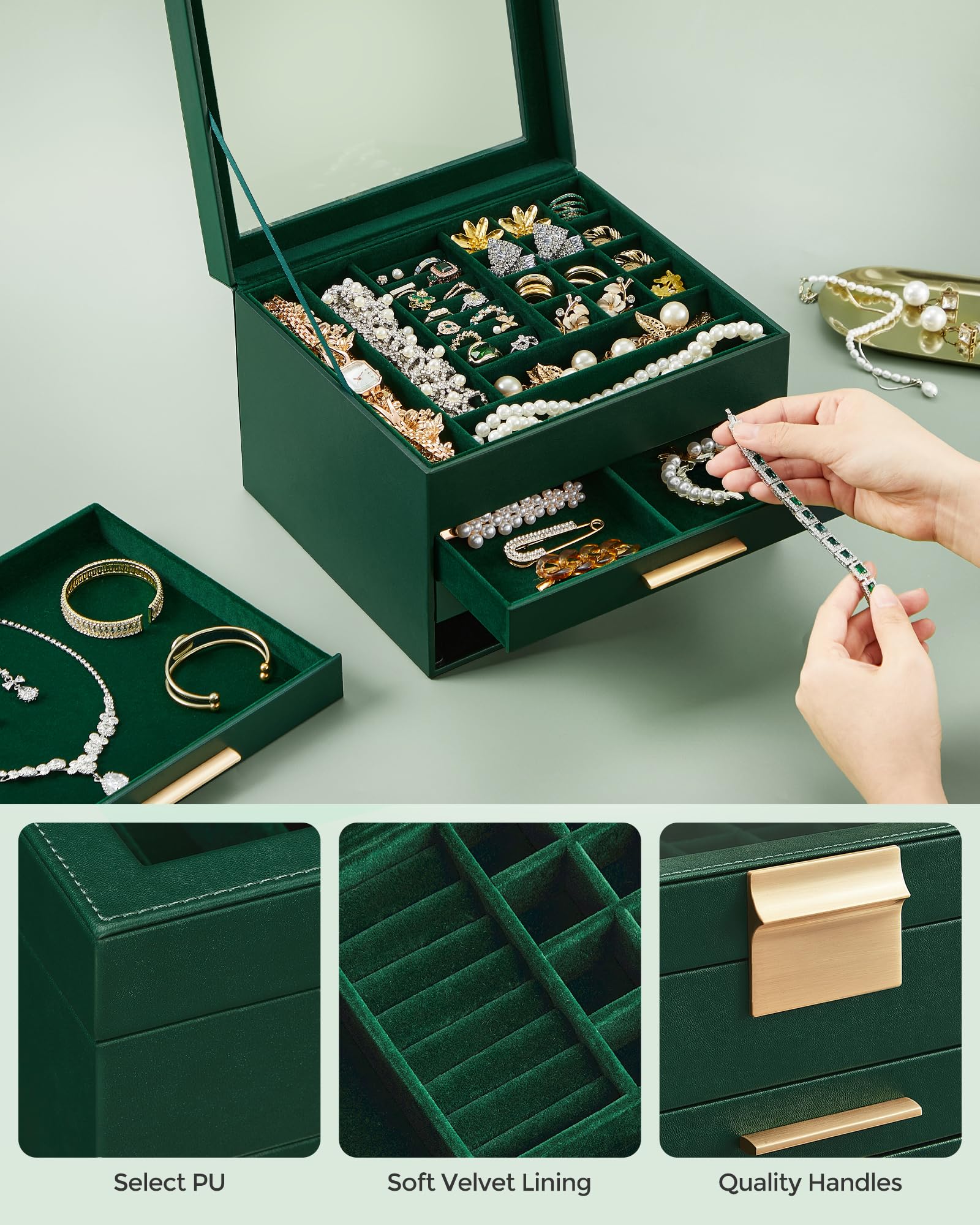 SONGMICS Jewelry Box with Glass Lid, 3-Layer Jewelry Organizer, 2 Drawers, for Big and Small Jewelry, Jewelry Storage, Modern Style, 8 x 9.1 x 5.3 Inches, Cloud White and Gold Color UJBC239WT