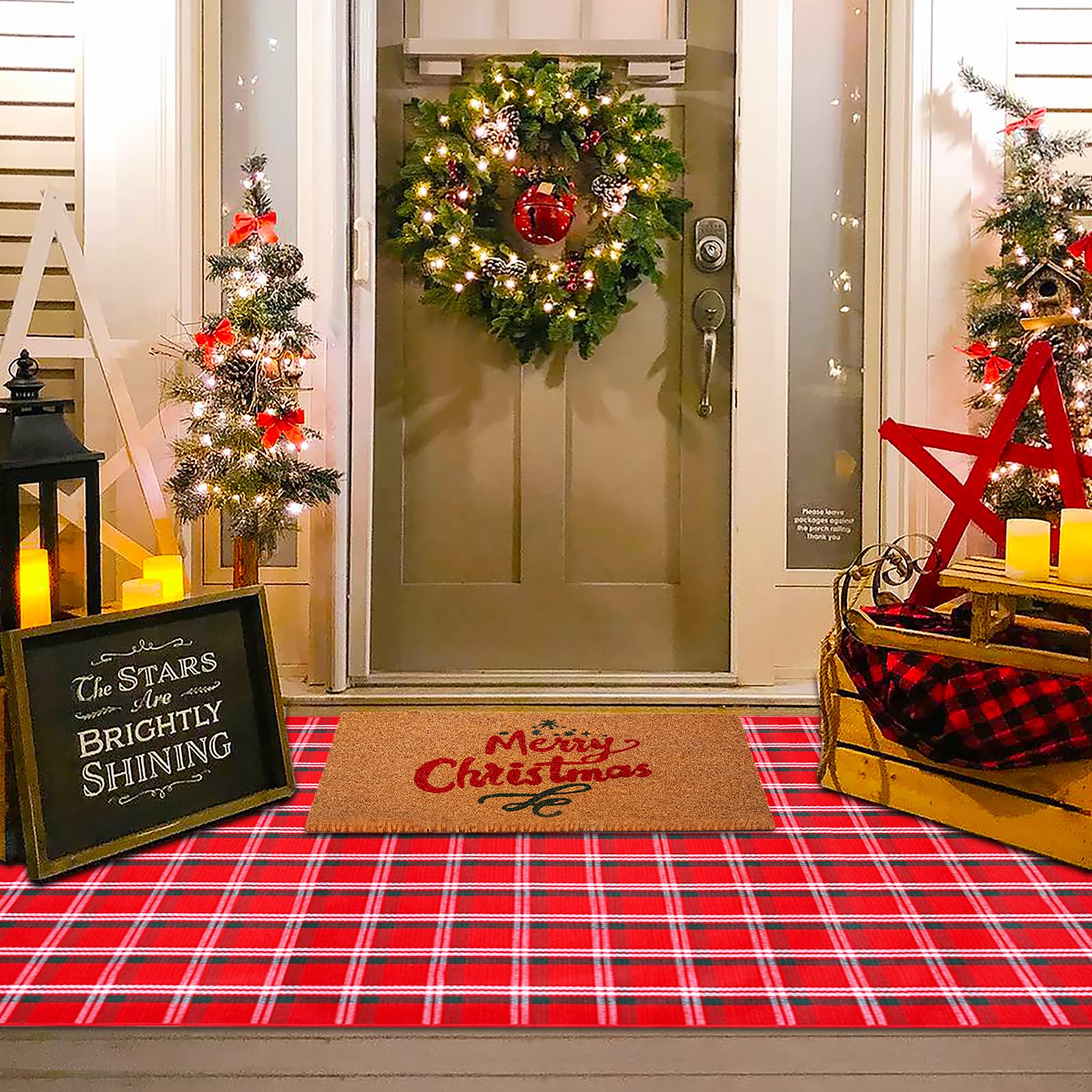 Christmas Red and White Plaid Rug - 28 x 43 Inches Outdoor Front Door Decor Mat Cotton Washable Hand-Woven Rug Christmas New Year Holiday Porch Entryway Layered Doormat
