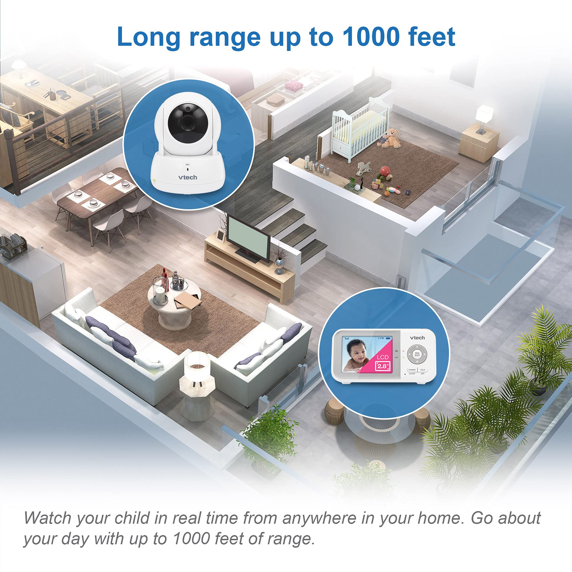 VTech VM819 Baby Monitor, 2.8” Screen, Night Vision, 2-Way Audio, Temperature Sensor and Lullabies, Secure Transmission No WiFi