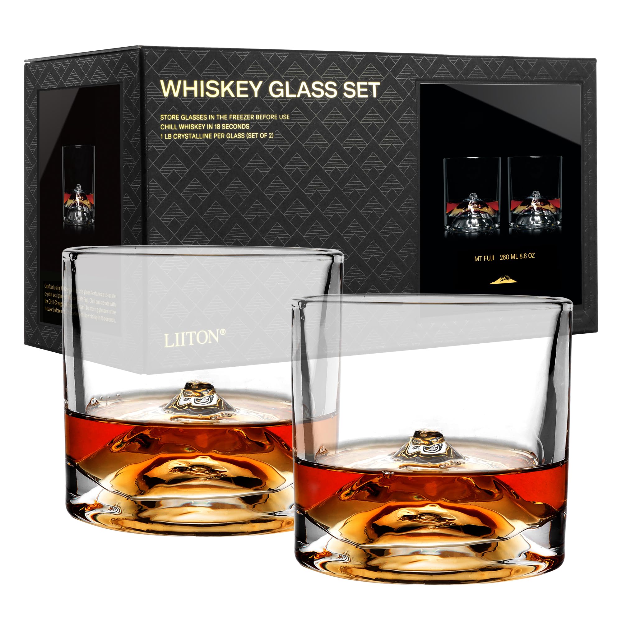 LIITON Heavy Crystal Whiskey Glasses Gift Set, Thick Freezable Bourbon Glass 1lb Each, Premium Whiskey Gifts for Men, Frozen Crystal Chills Cocktails Featuring Grand Canyon Glasses Set of 2, 10 oz