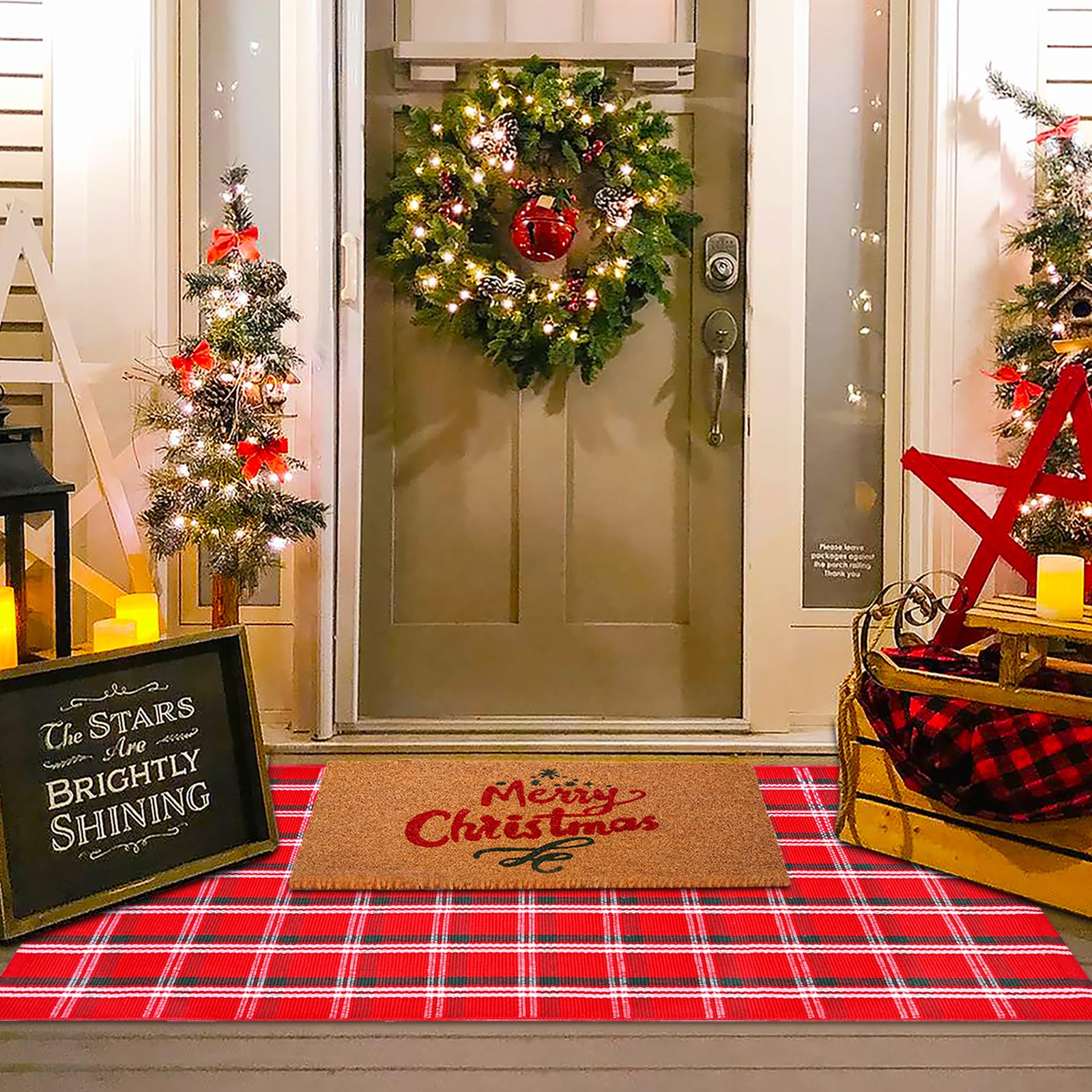 Christmas Red and White Plaid Rug - 28 x 43 Inches Outdoor Front Door Decor Mat Cotton Washable Hand-Woven Rug Christmas New Year Holiday Porch Entryway Layered Doormat