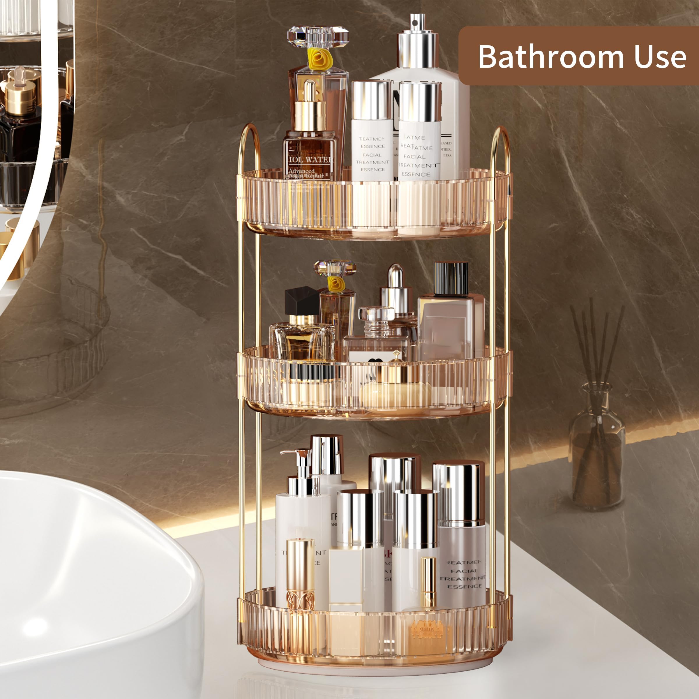 YCIA&DONE 360 Rotating Makeup Organizer and Storage for Vanity Bathroom Countertop, High Capacity Cosmetic Skincare Perfume Organizer for Dresser Lazy Susan Organizers(Clear White,2 Tiers)