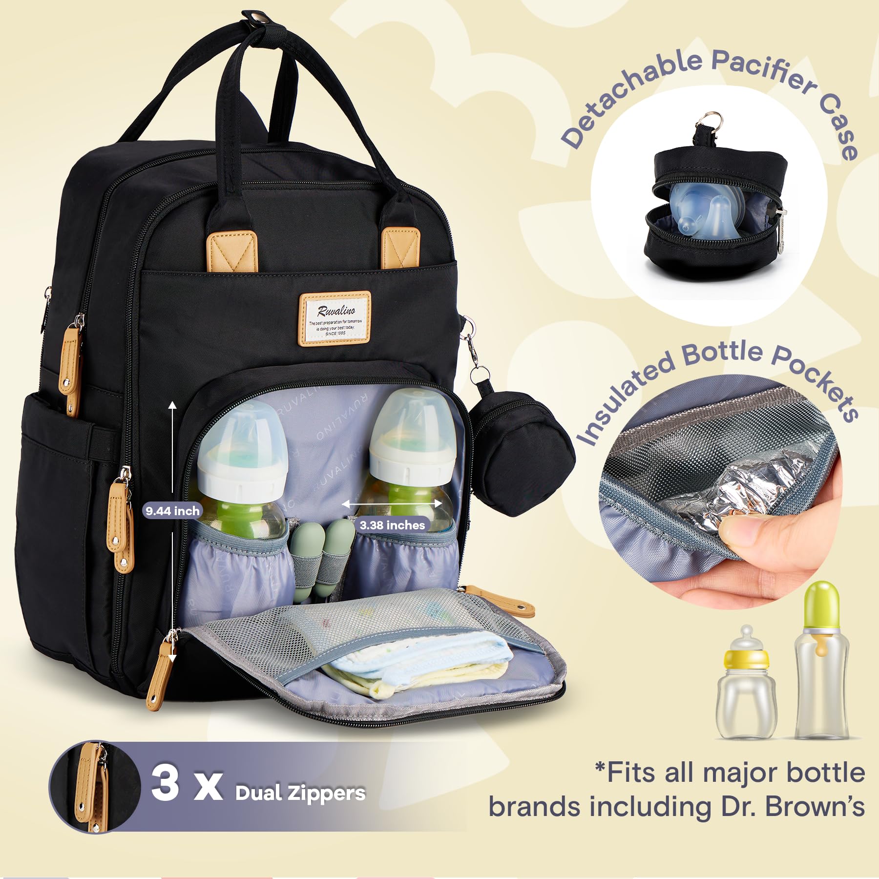 RUVALINO Diaper Bag Backpack, Multifunction Travel Pack Maternity Baby Changing Bags, Large Capacity, Waterproof, Beige
