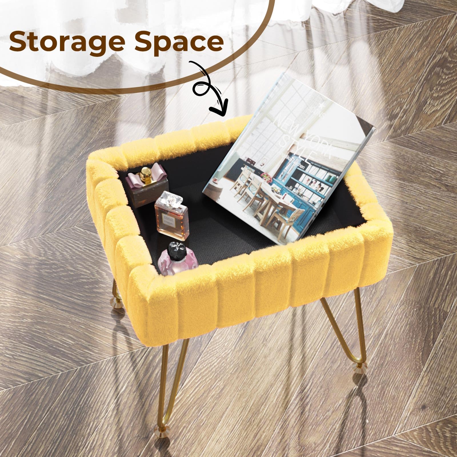 Greenstell Vanity Stool Chair Faux Fur with Storage, 19.4" H x 15.7" L x 11.8" W Soft Ottoman 4 Metal Legs with Anti-Slip Feet, Furry Padded Seat, Modern Multifunctional Chairs for Makeup, Bedroom