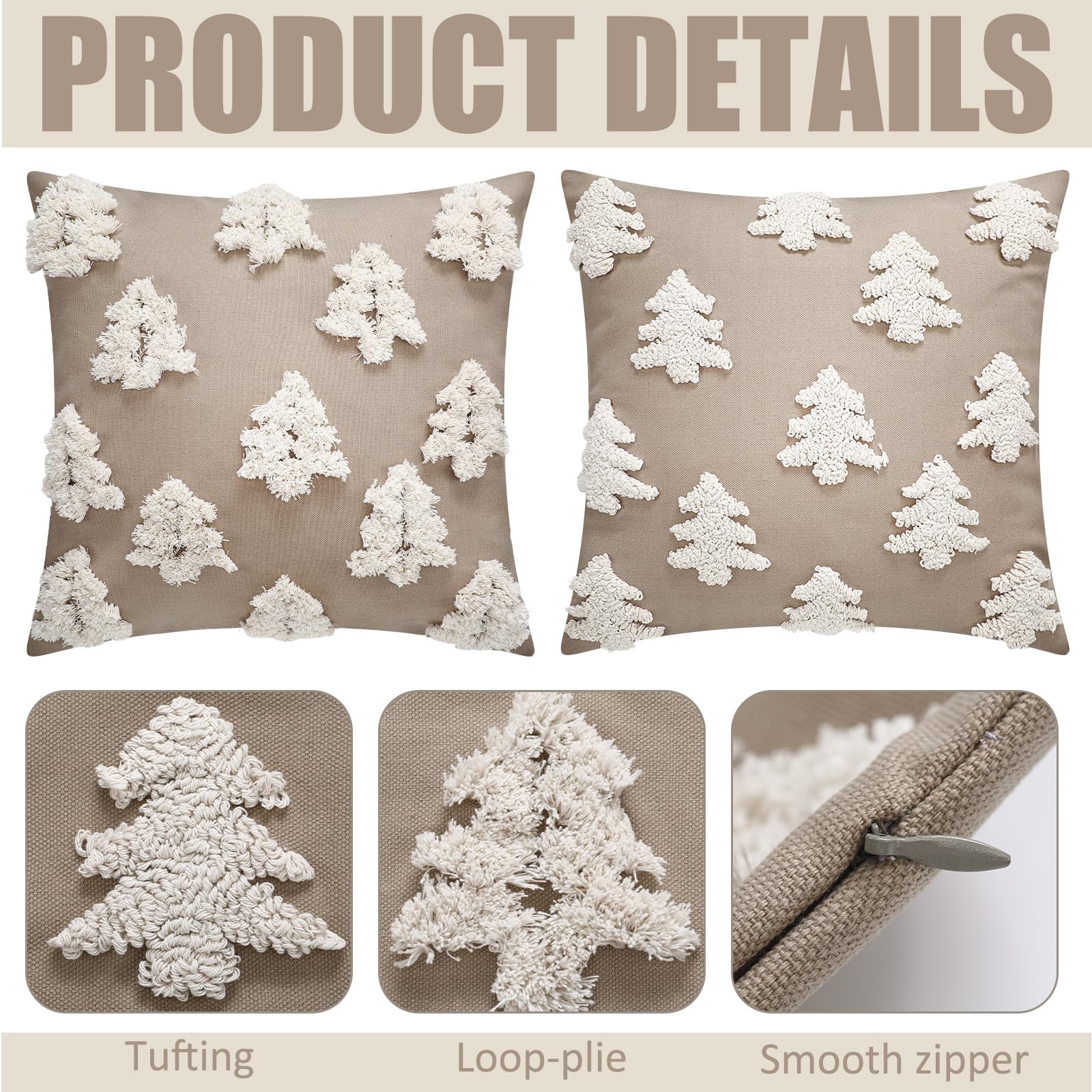 Mixweer 2 Pcs Christmas Pillow Covers 18x18 Inch Christmas Tree Pillow Covers Neutral Christmas Decor Neutral Tufted Xmas Tree Embroidery Decorative Pillow Covers for Home Living Room Bed Decor
